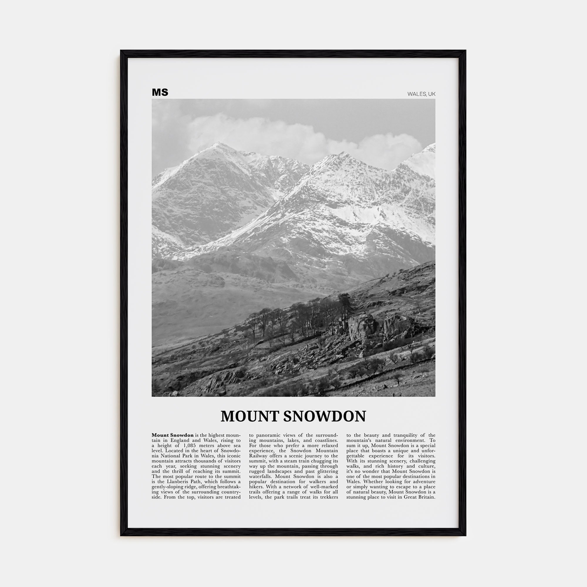 Mount Snowdon Travel B&W Poster