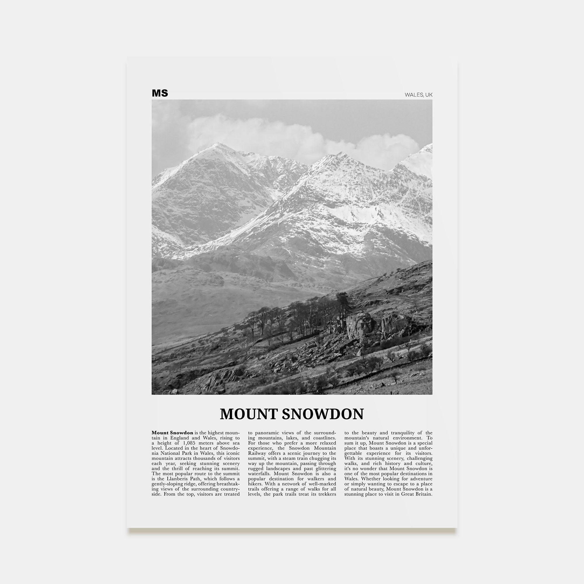 Mount Snowdon Travel B&W Poster