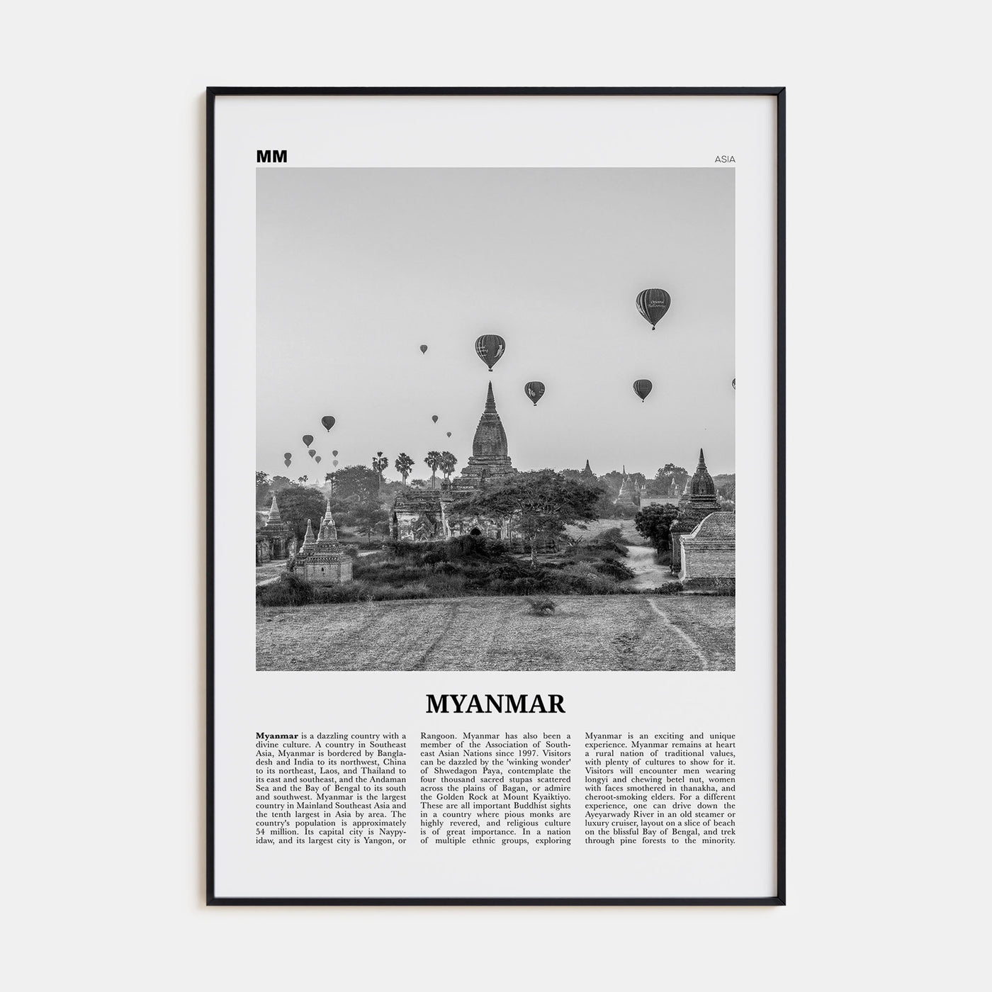 Myanmar Travel B&W Poster
