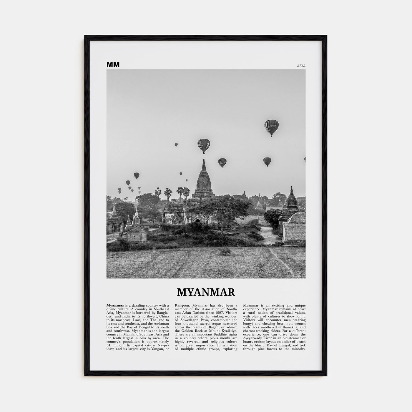 Myanmar Travel B&W Poster