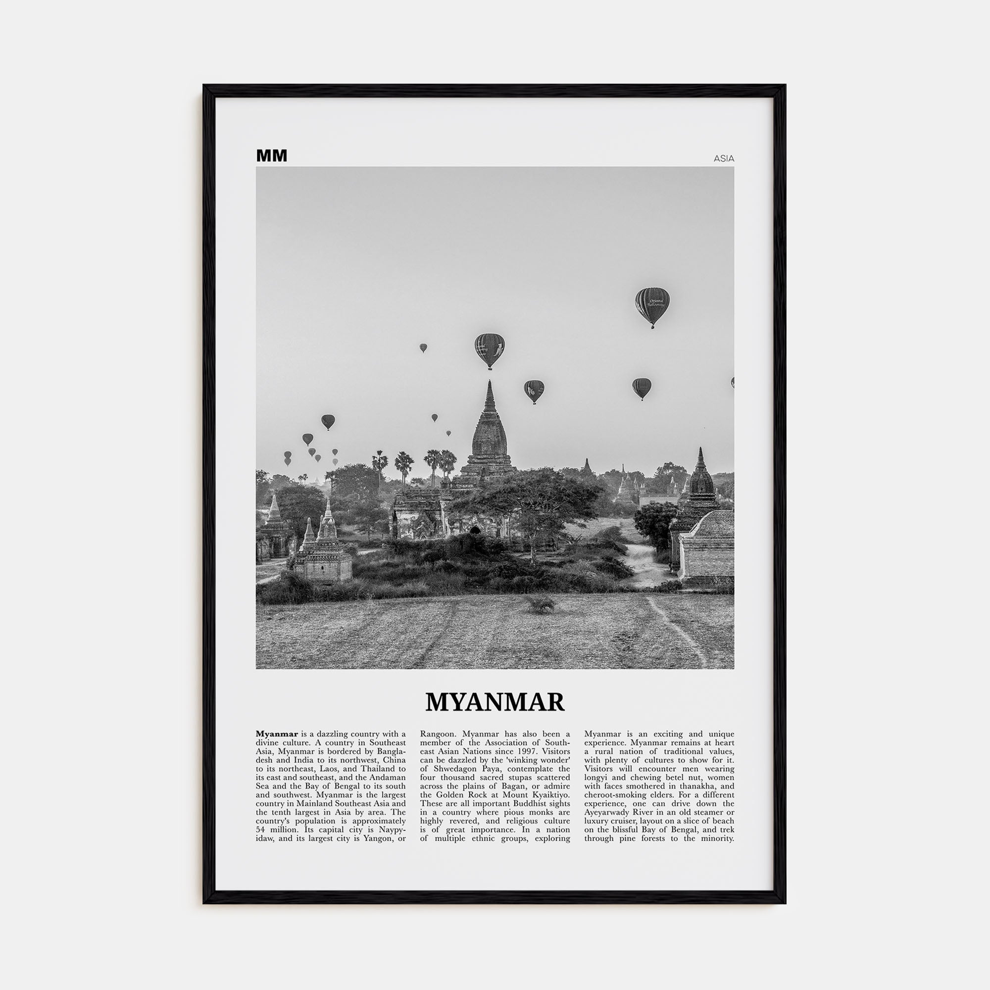 Myanmar Travel B&W Poster