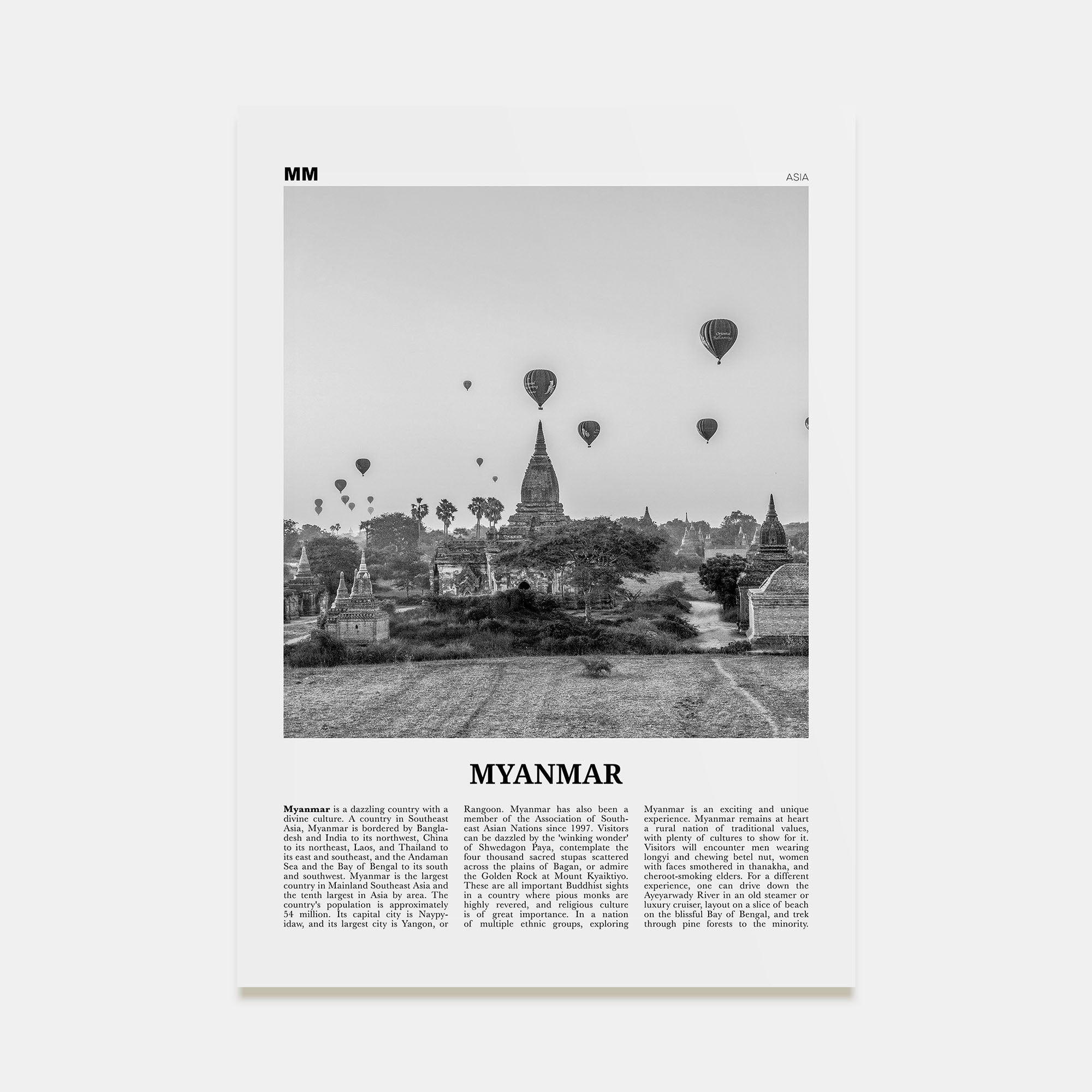 Myanmar Travel B&W Poster