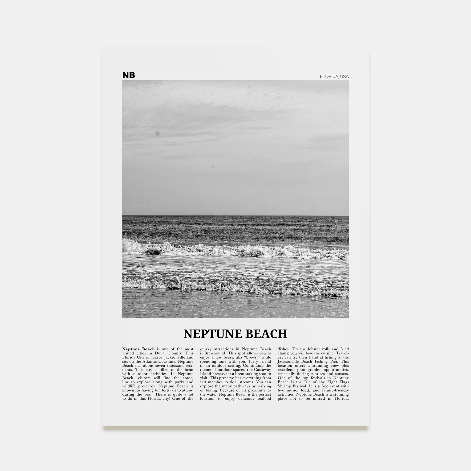 Neptune Beach Travel B&W Poster