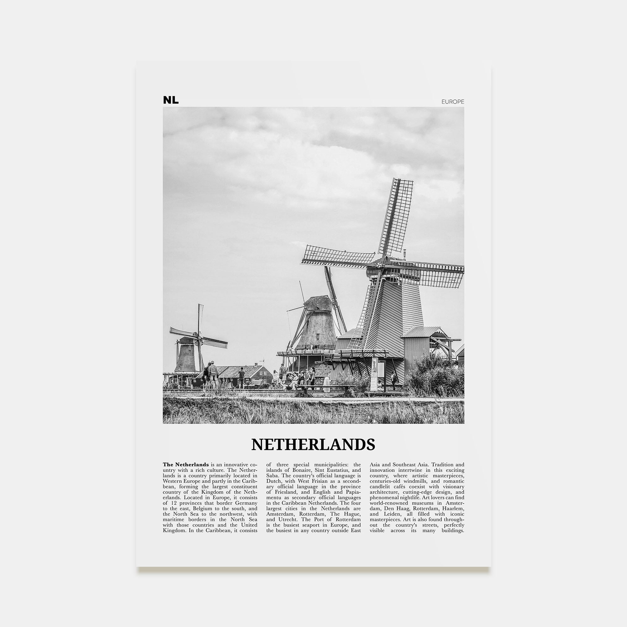 Netherlands Travel B&W Poster