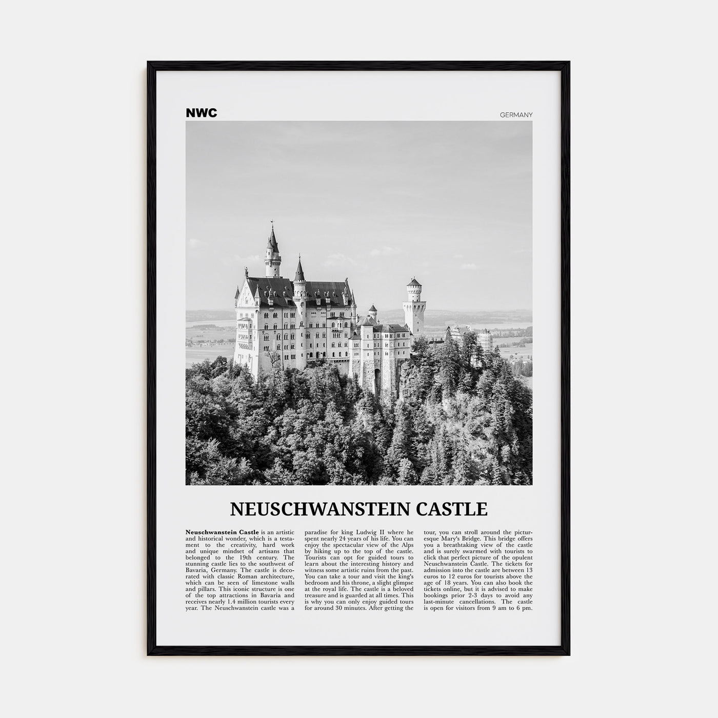 Neuschwanstein Castle Travel B&W Poster