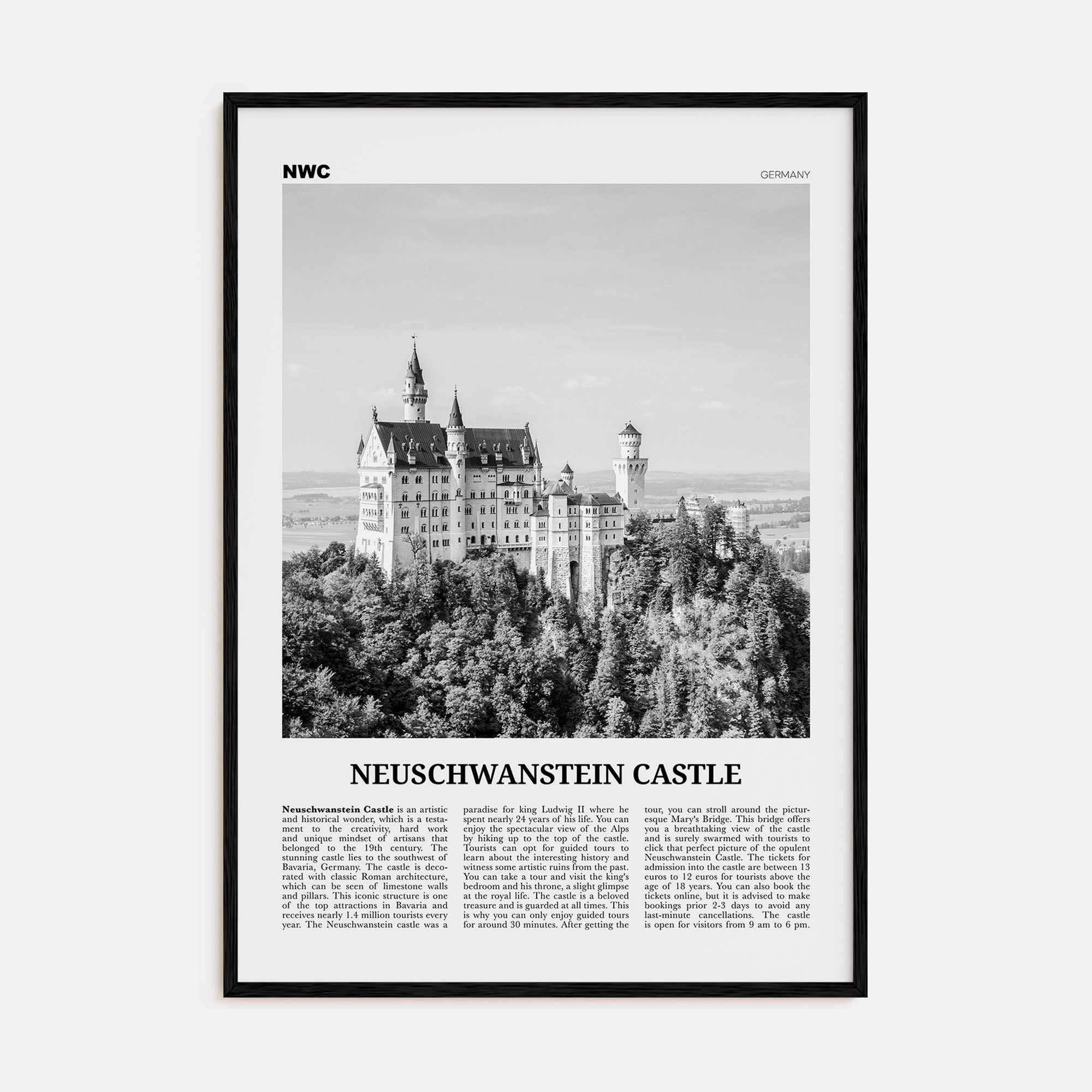 Neuschwanstein Castle Travel B&W Poster