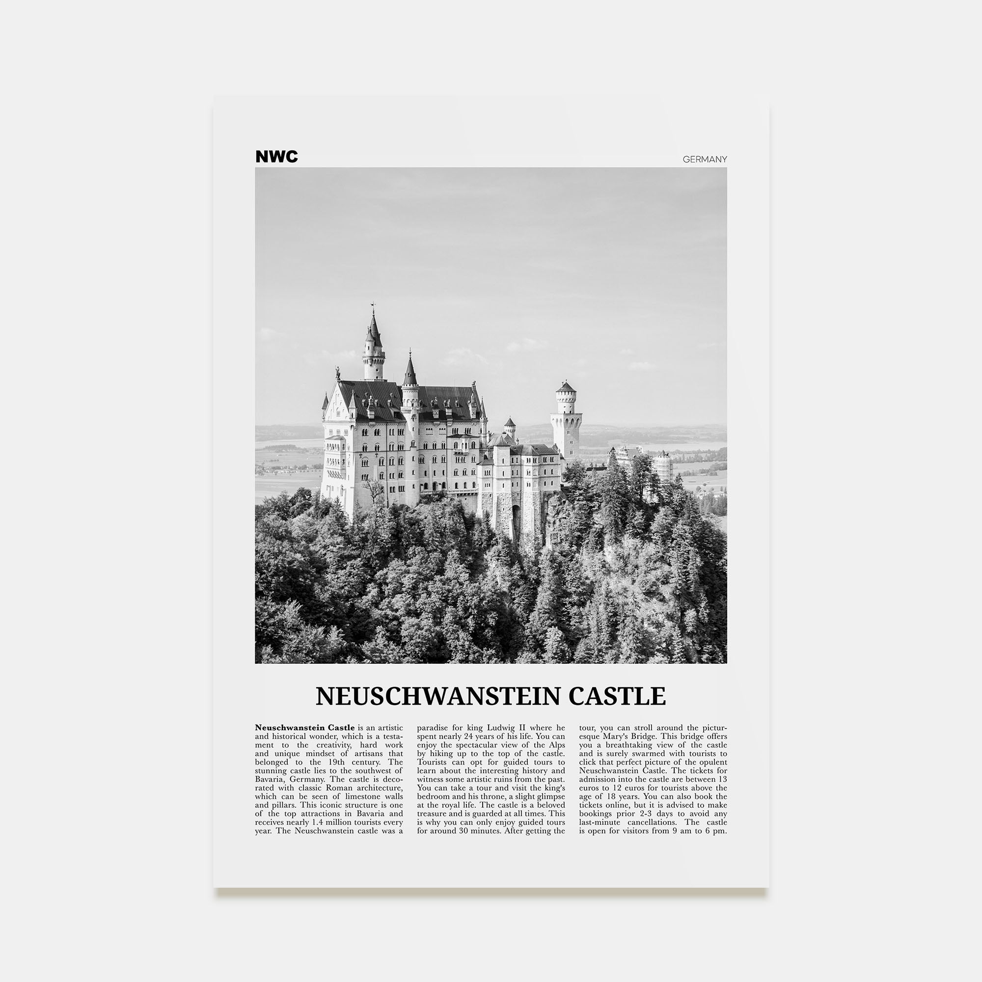 Neuschwanstein Castle Travel B&W Poster
