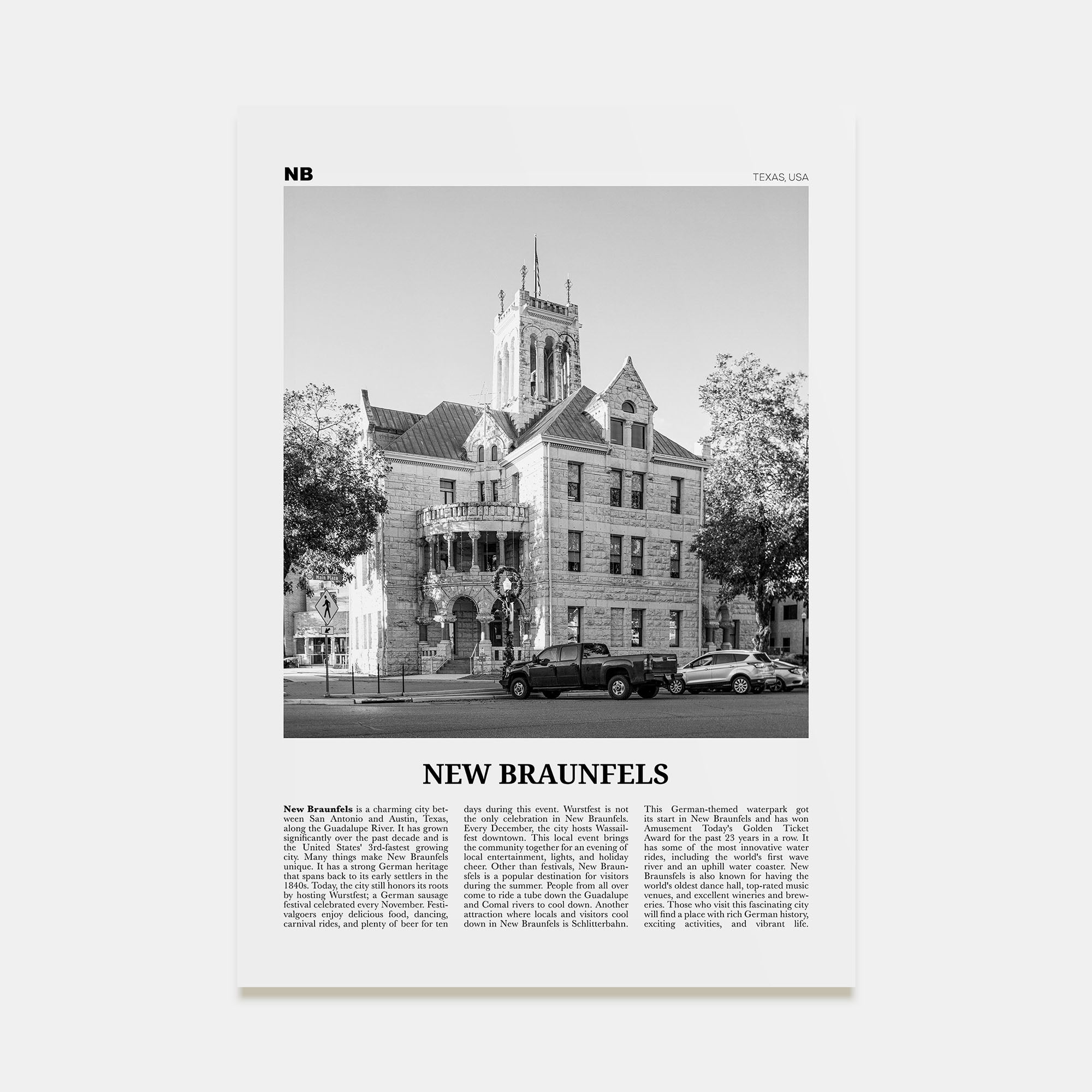 New Braunfels Travel B&W Poster