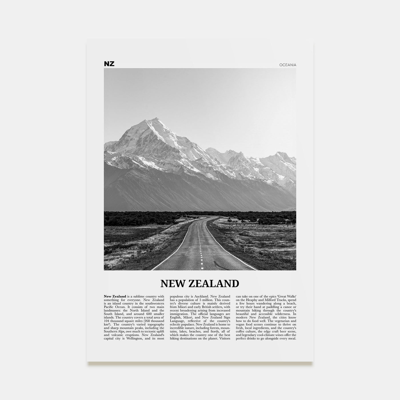 New Zealand Travel B&W No 1 Poster
