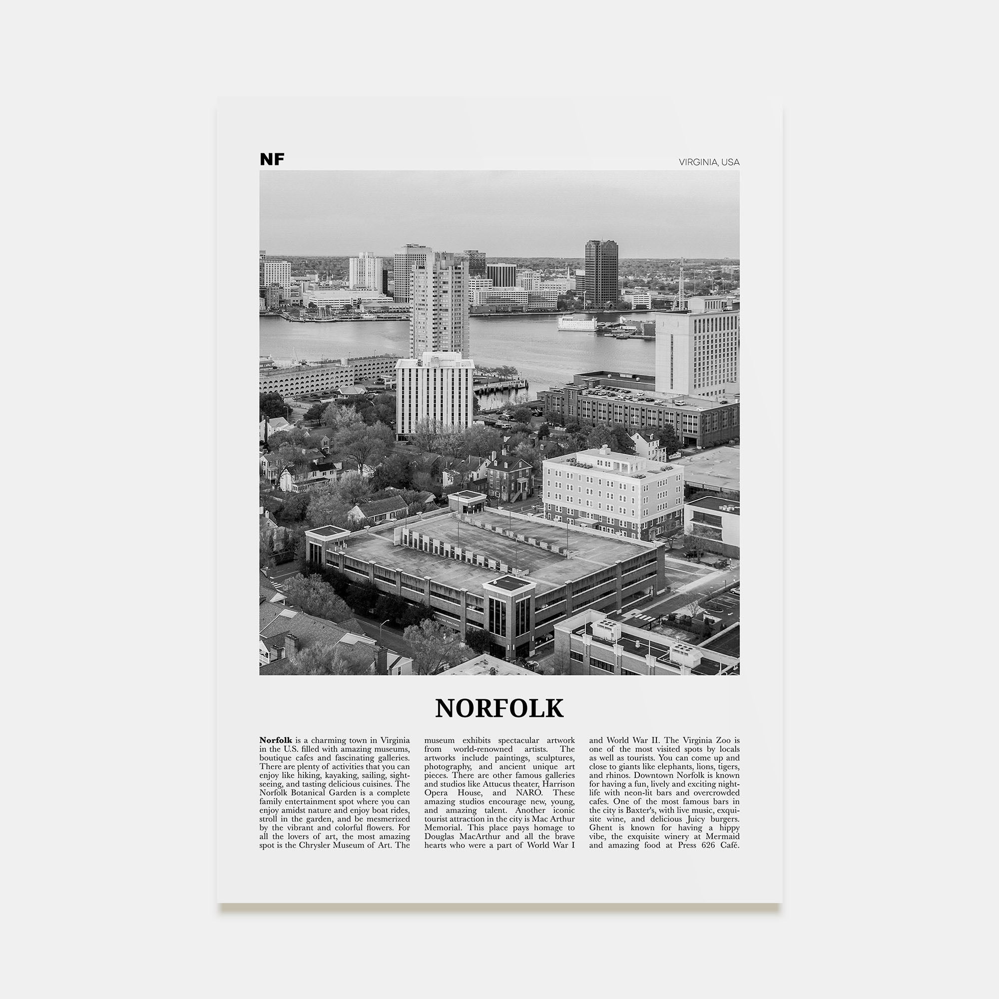 Norfolk, Virginia Travel B&W Poster