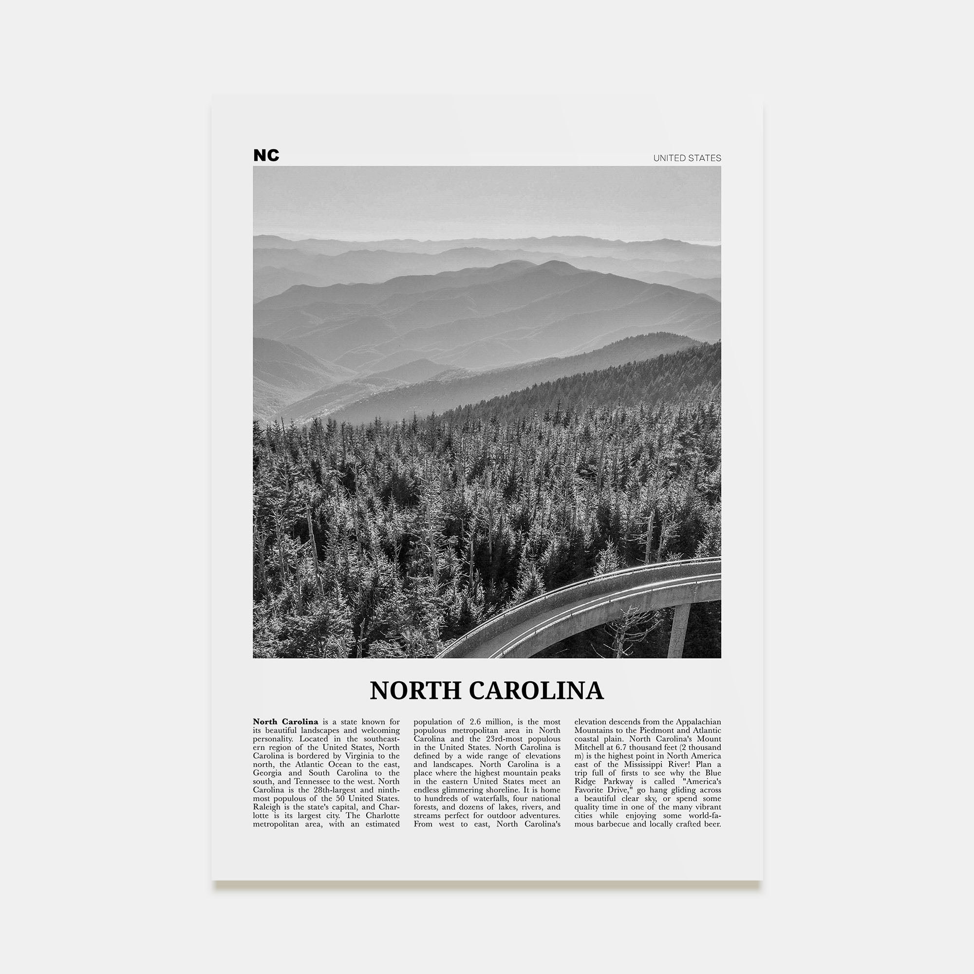 North Carolina Travel B&W No 1 Poster