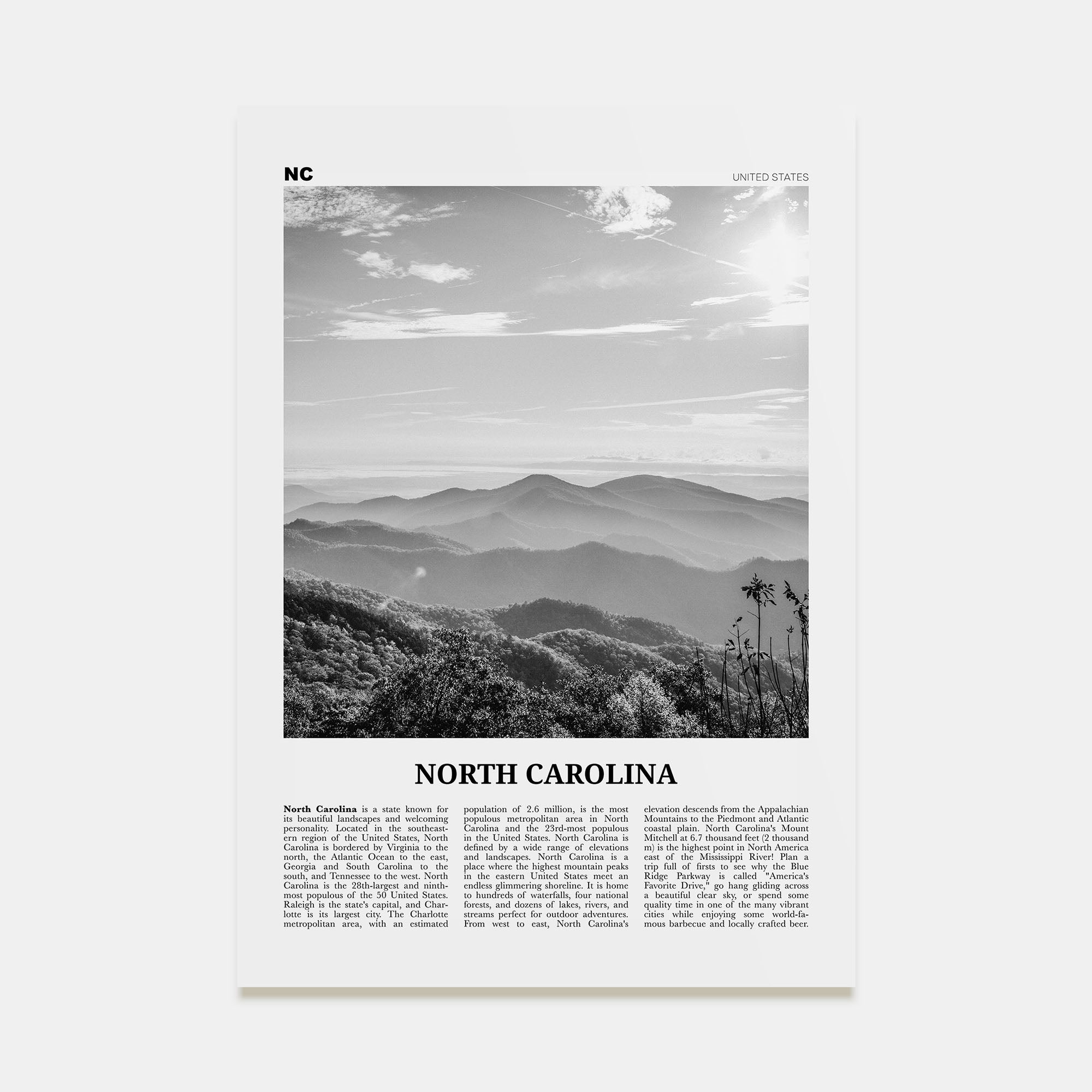 North Carolina Travel B&W No 2 Poster