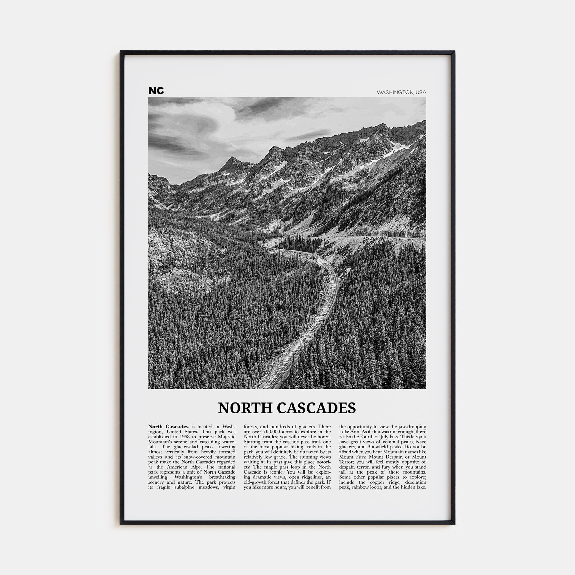 North Cascades National Park Travel B&W Poster