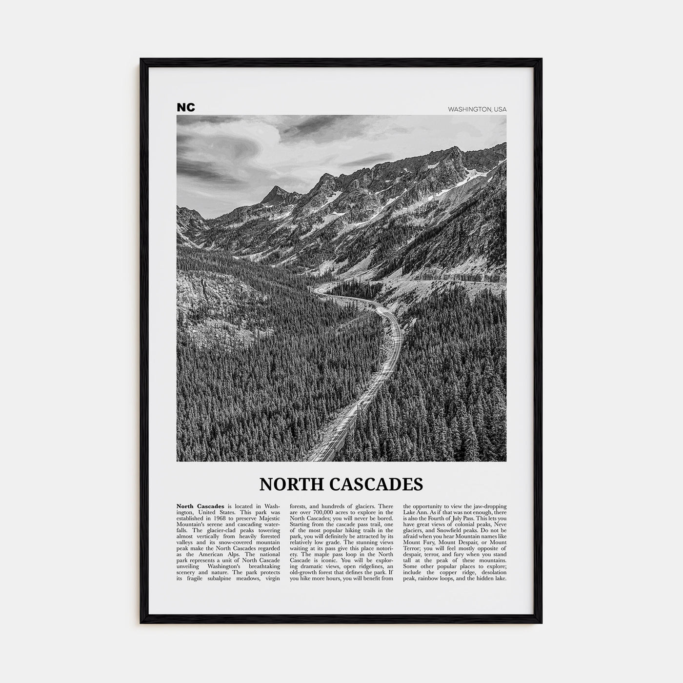North Cascades National Park Travel B&W Poster