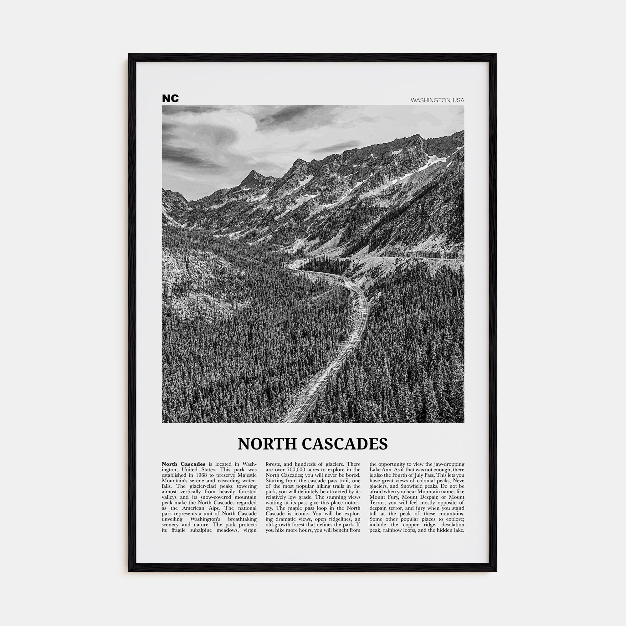 North Cascades National Park Travel B&W Poster