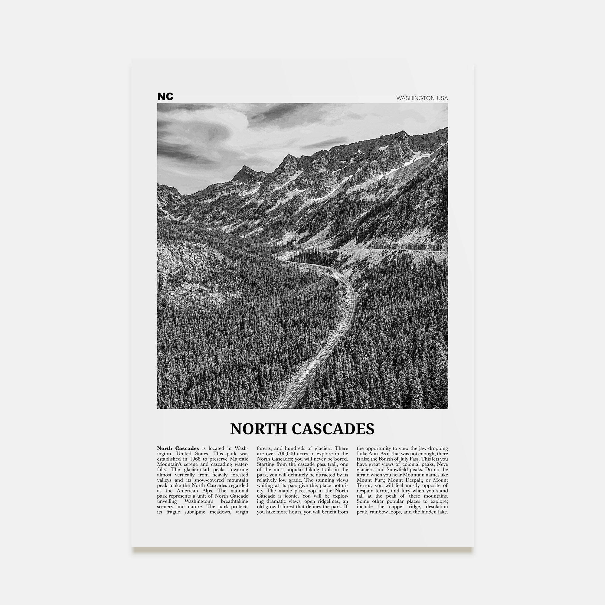North Cascades National Park Travel B&W Poster