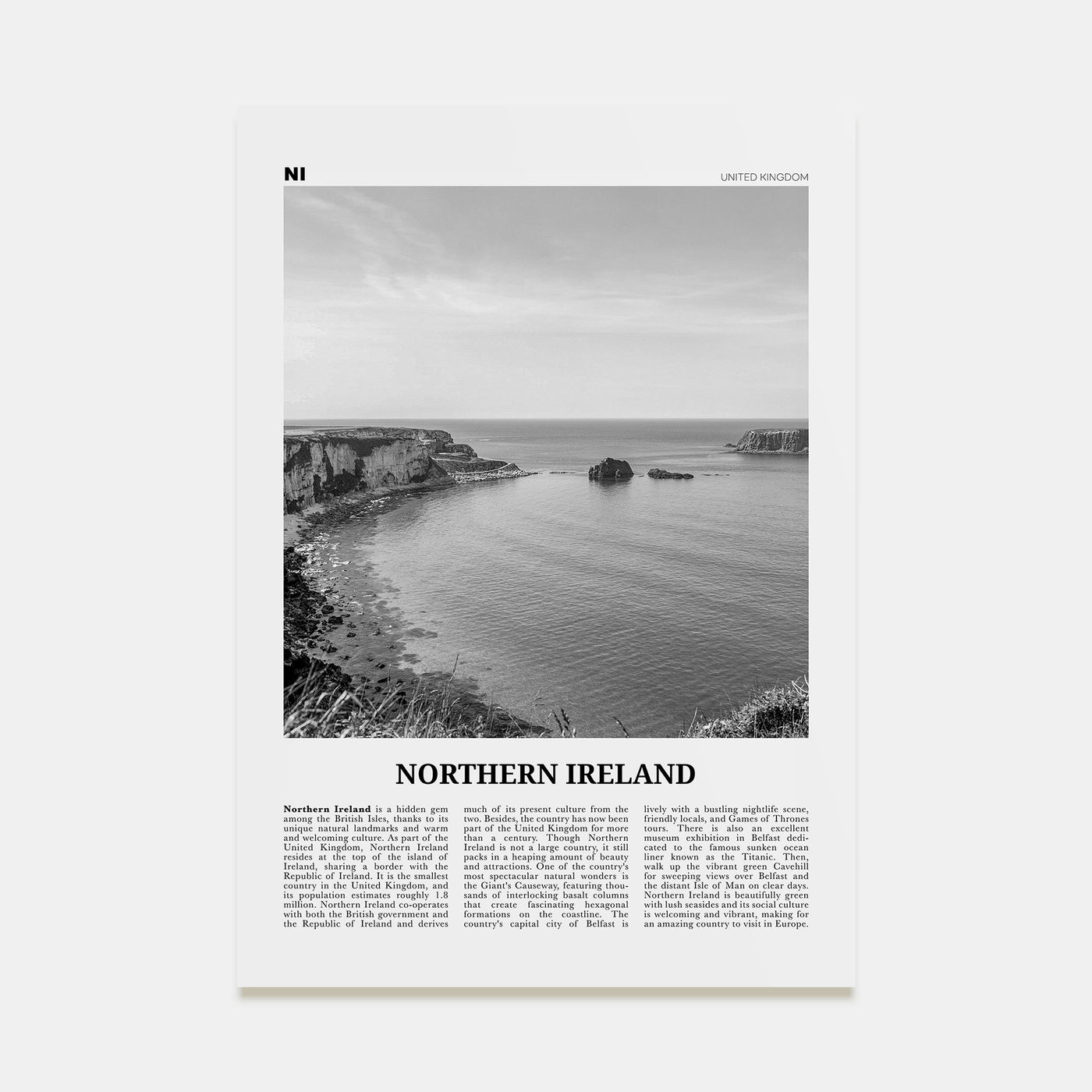 Northern Ireland Travel B&W Poster