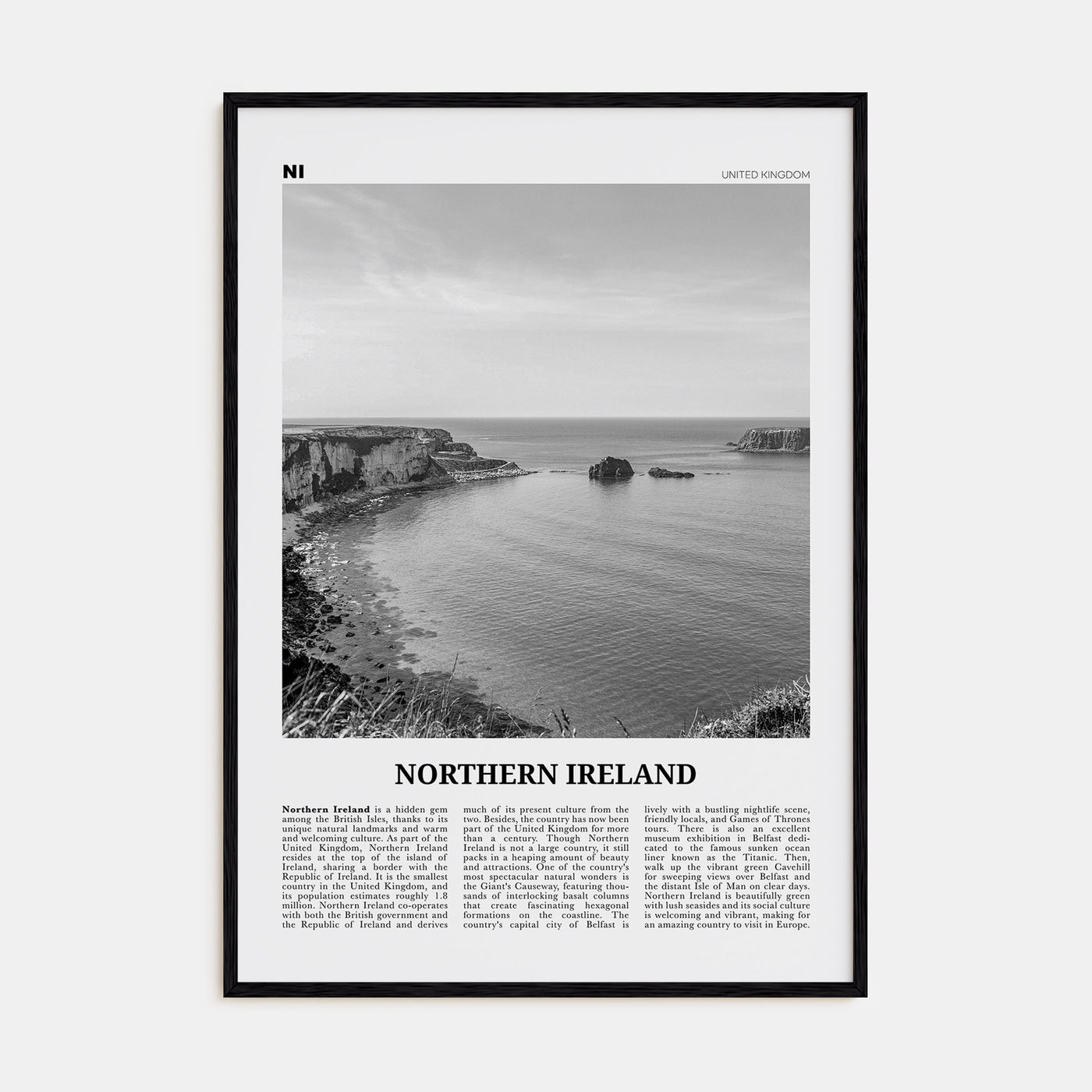 Northern Ireland Travel B&W Poster