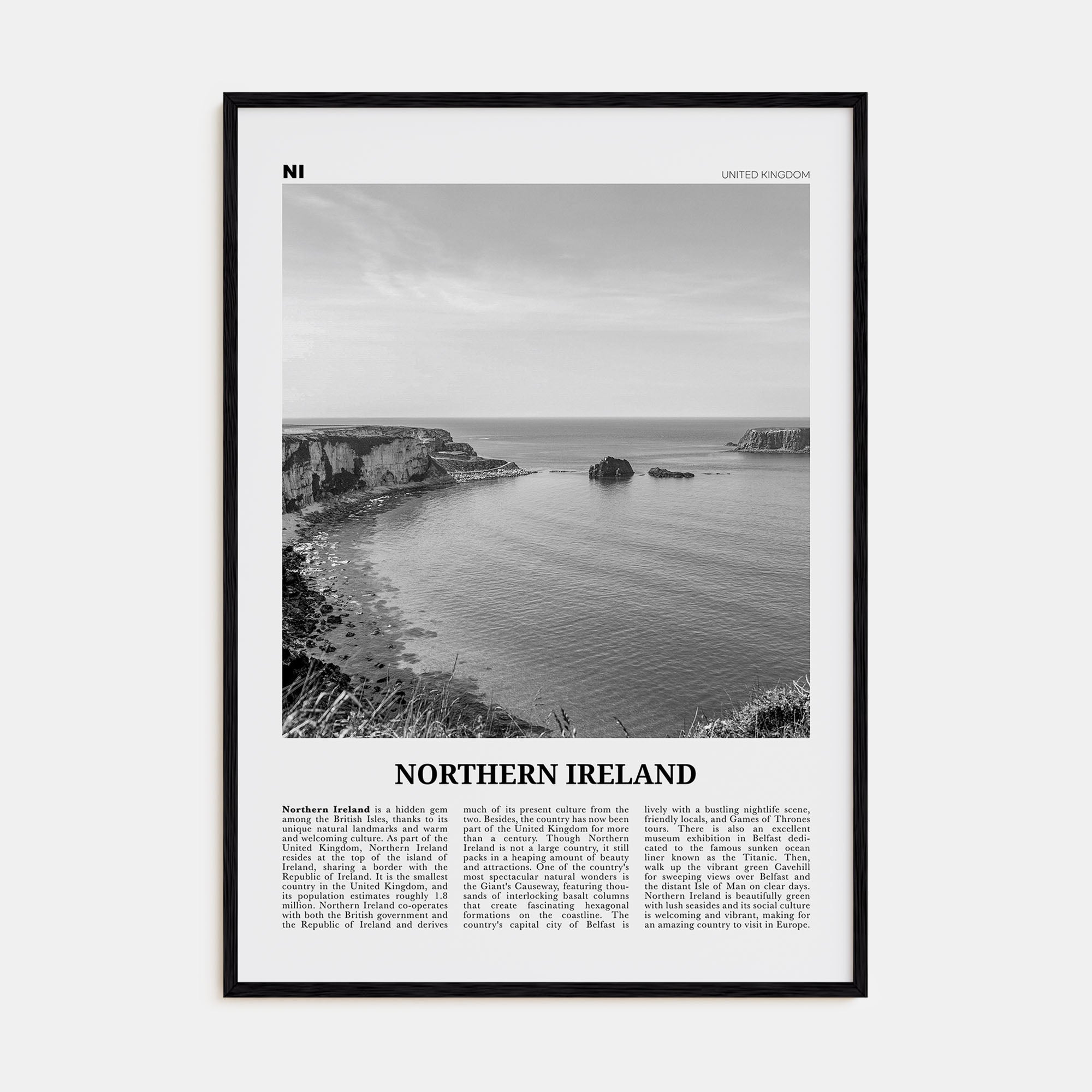 Northern Ireland Travel B&W Poster