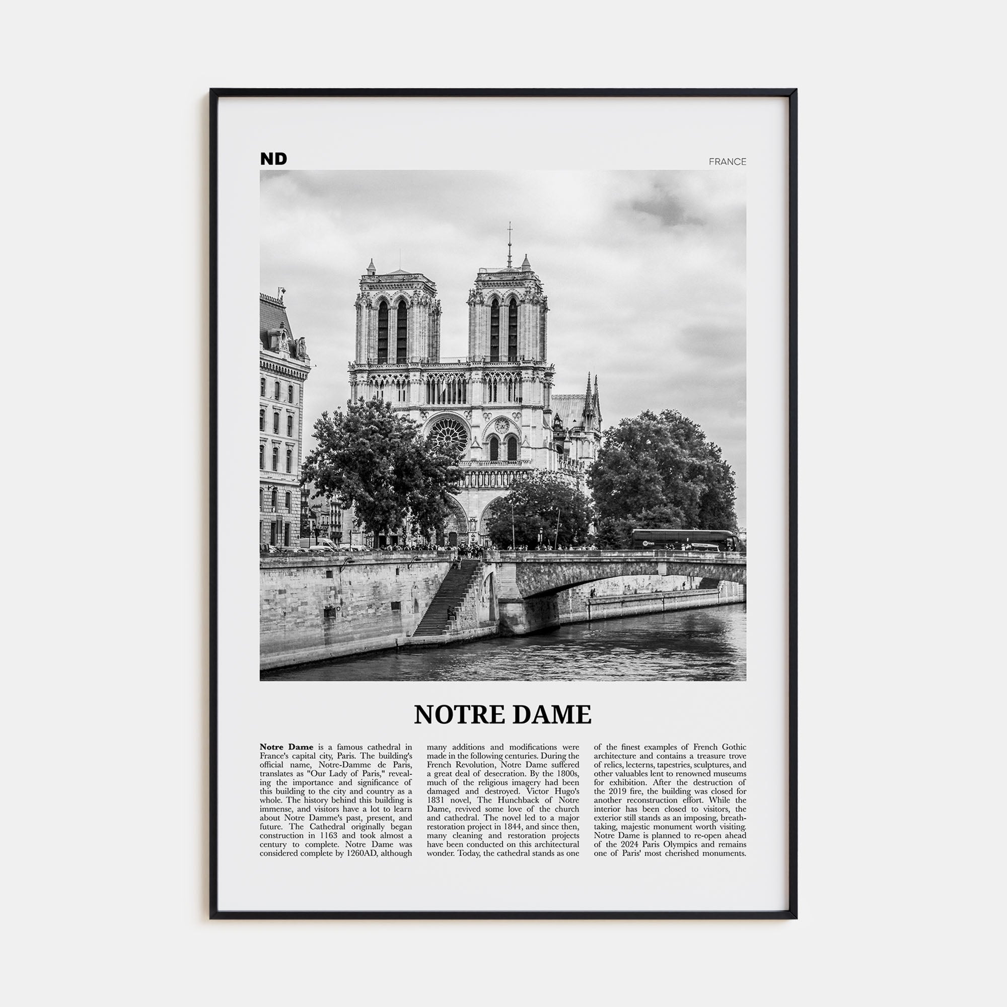 Notre Dame, France Travel B&W Poster