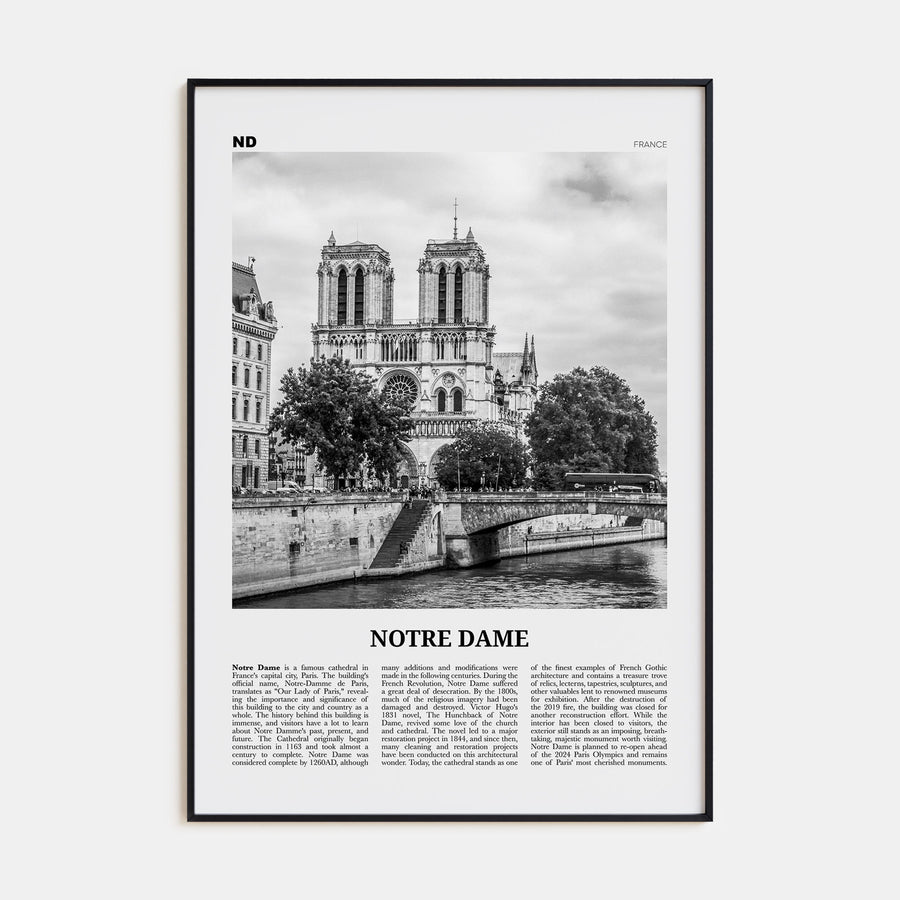 Notre Dame, France Travel B&W Poster
