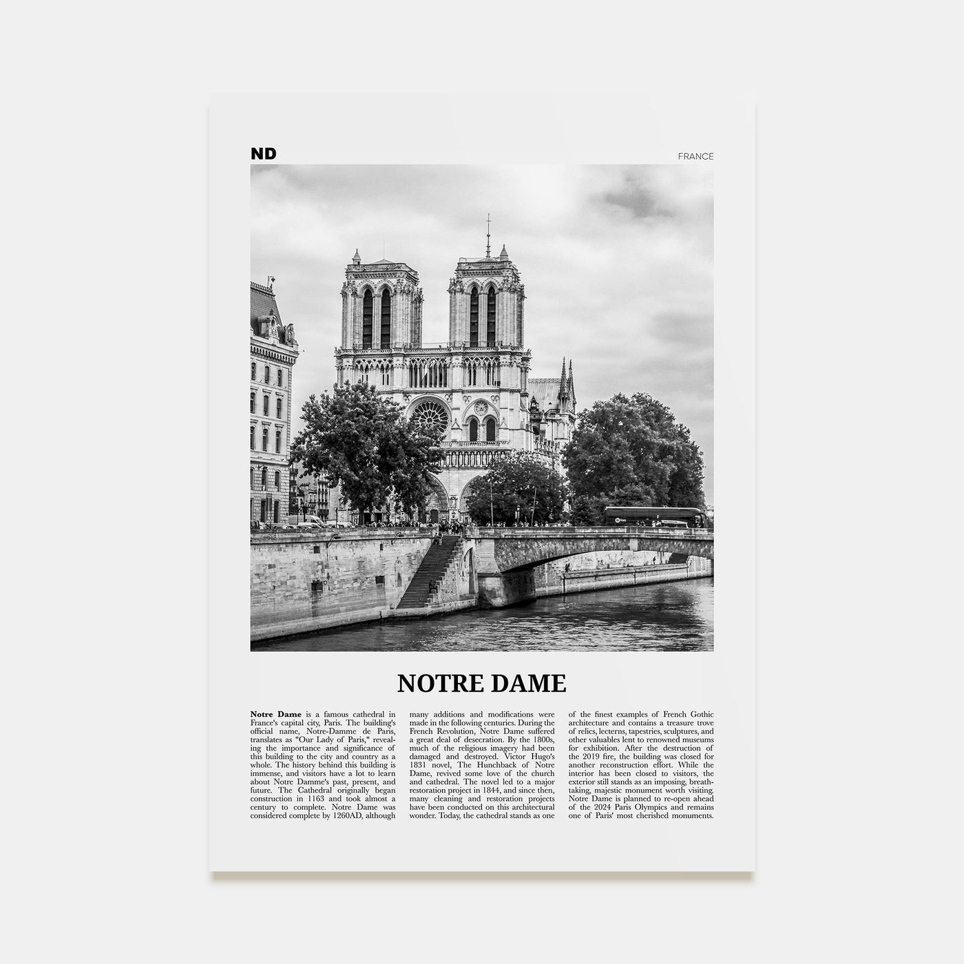 Notre Dame, France Travel B&W Poster