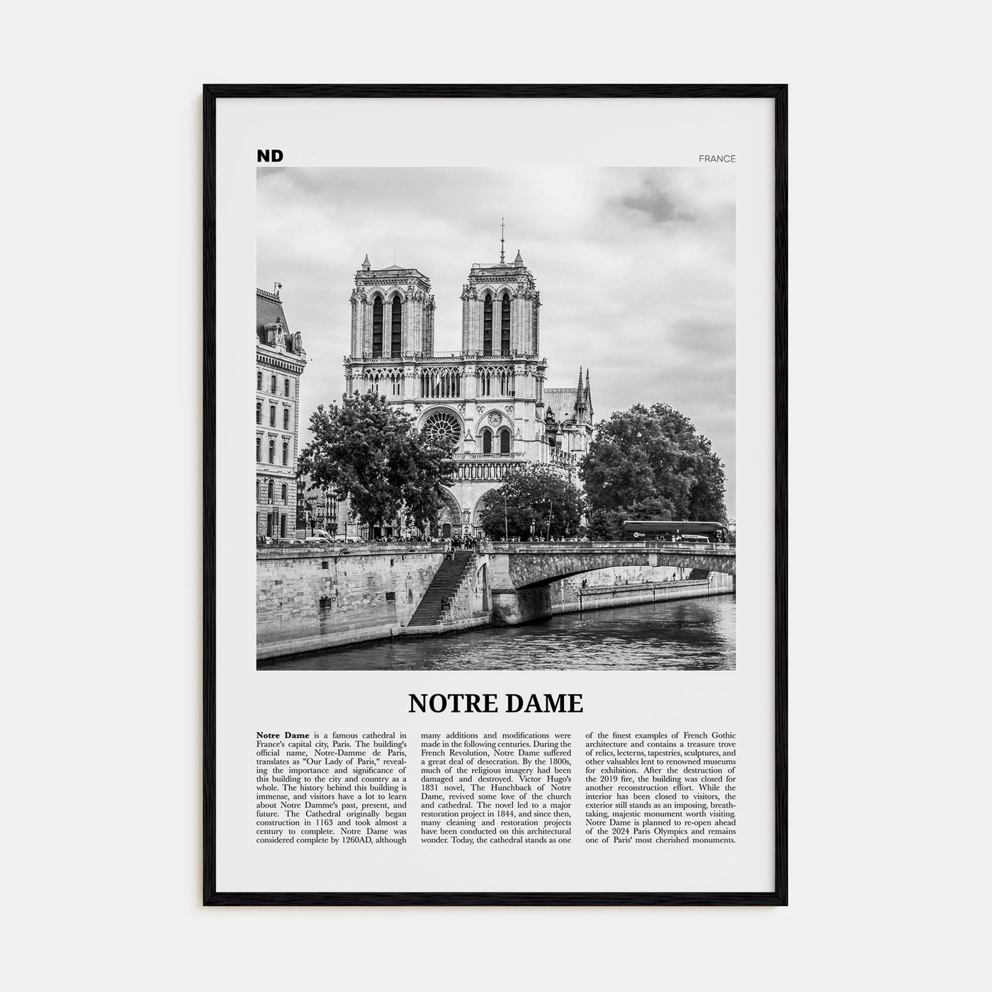 Notre Dame, France Travel B&W Poster