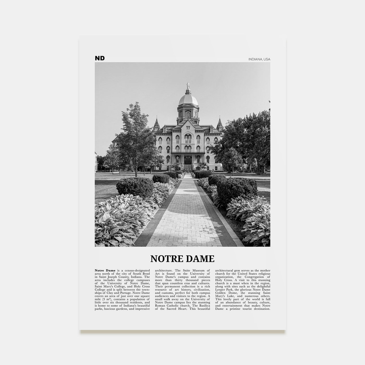 Notre Dame, Indiana Travel B&W Poster