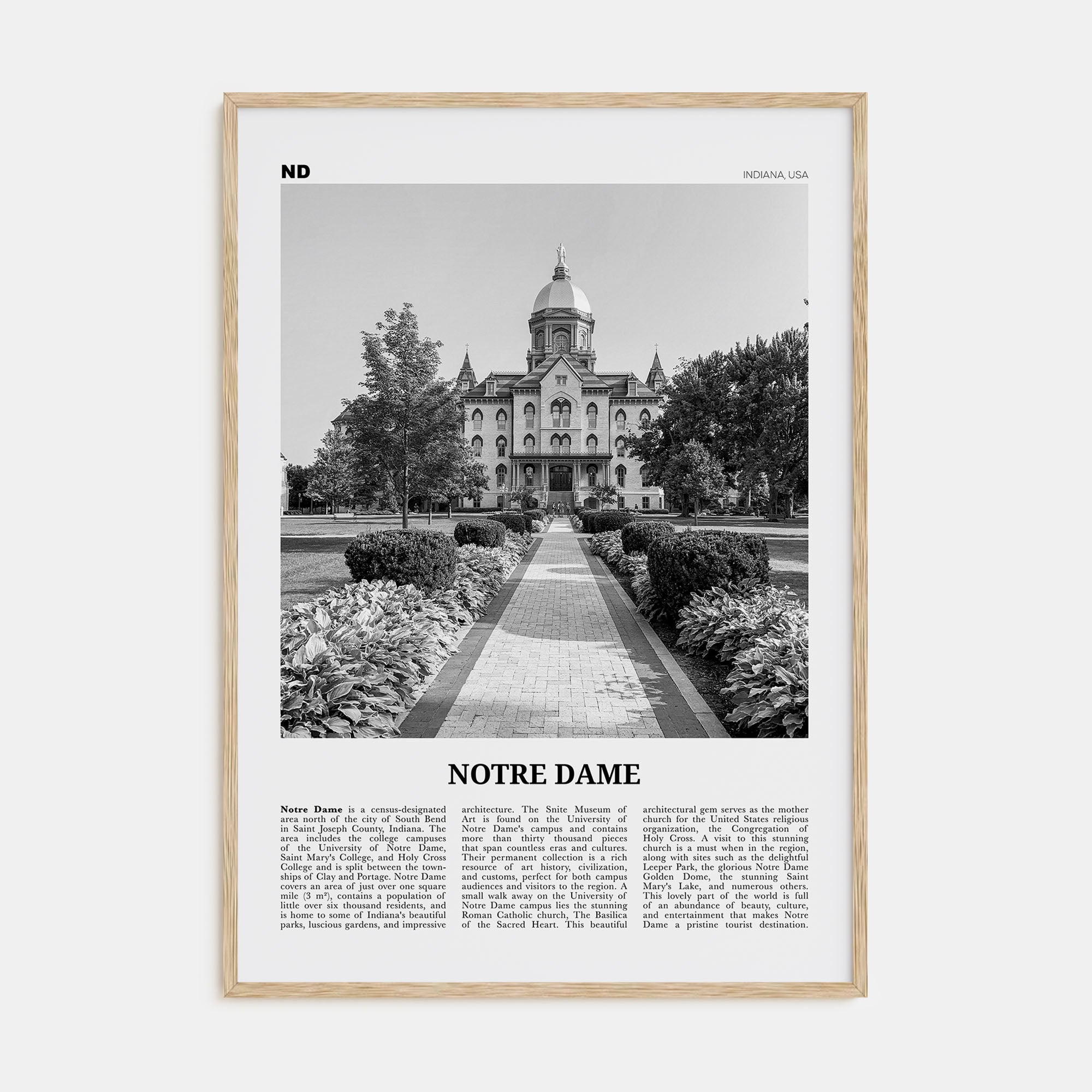 Notre Dame, Indiana Travel B&W Poster