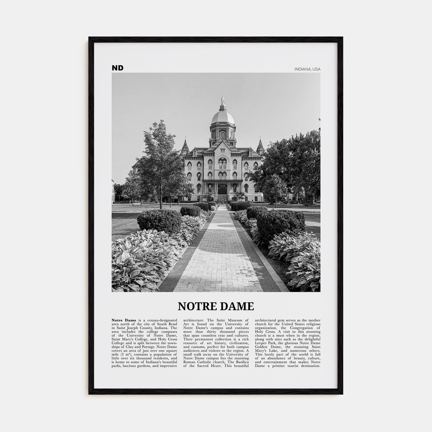 Notre Dame, Indiana Travel B&W Poster