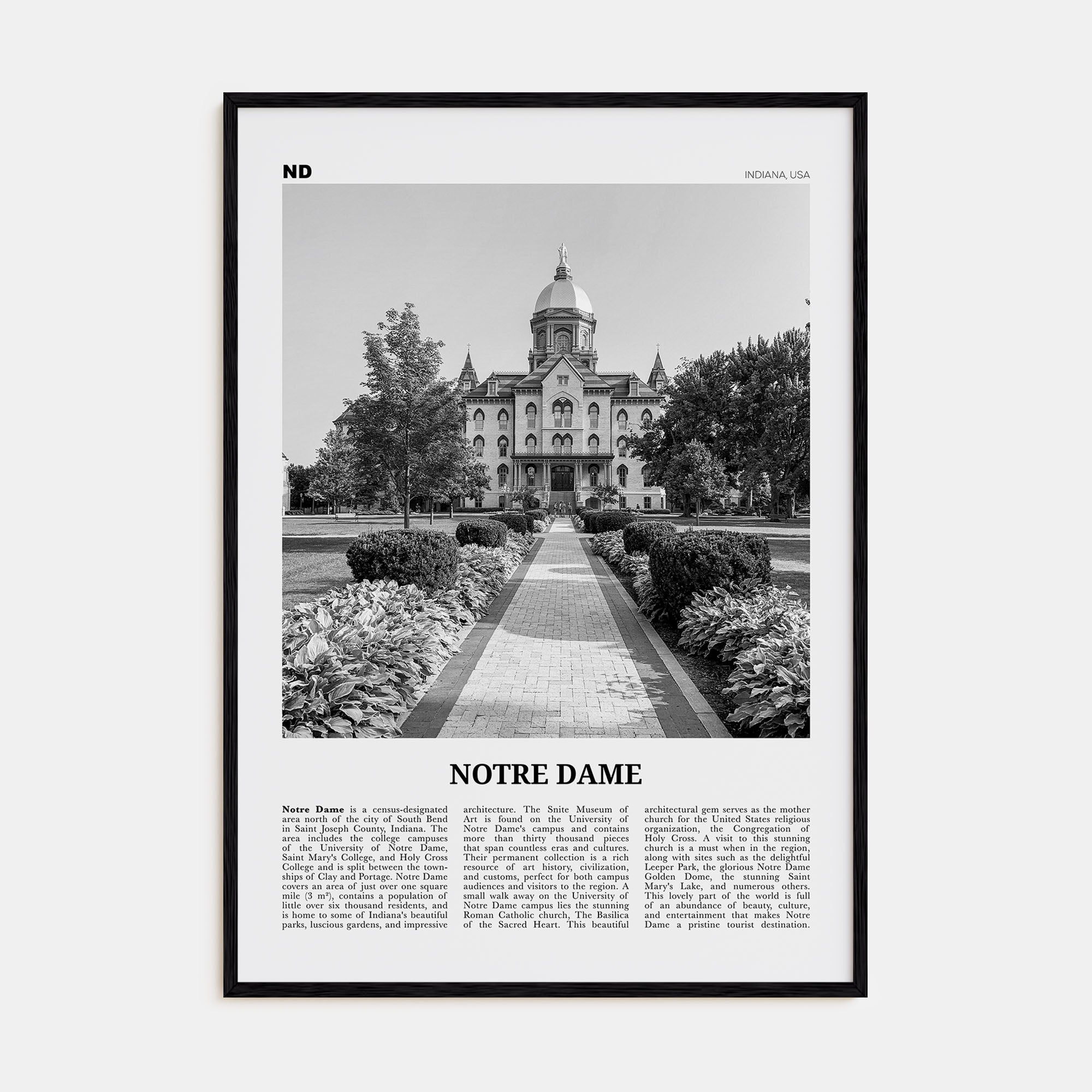 Notre Dame, Indiana Travel B&W Poster