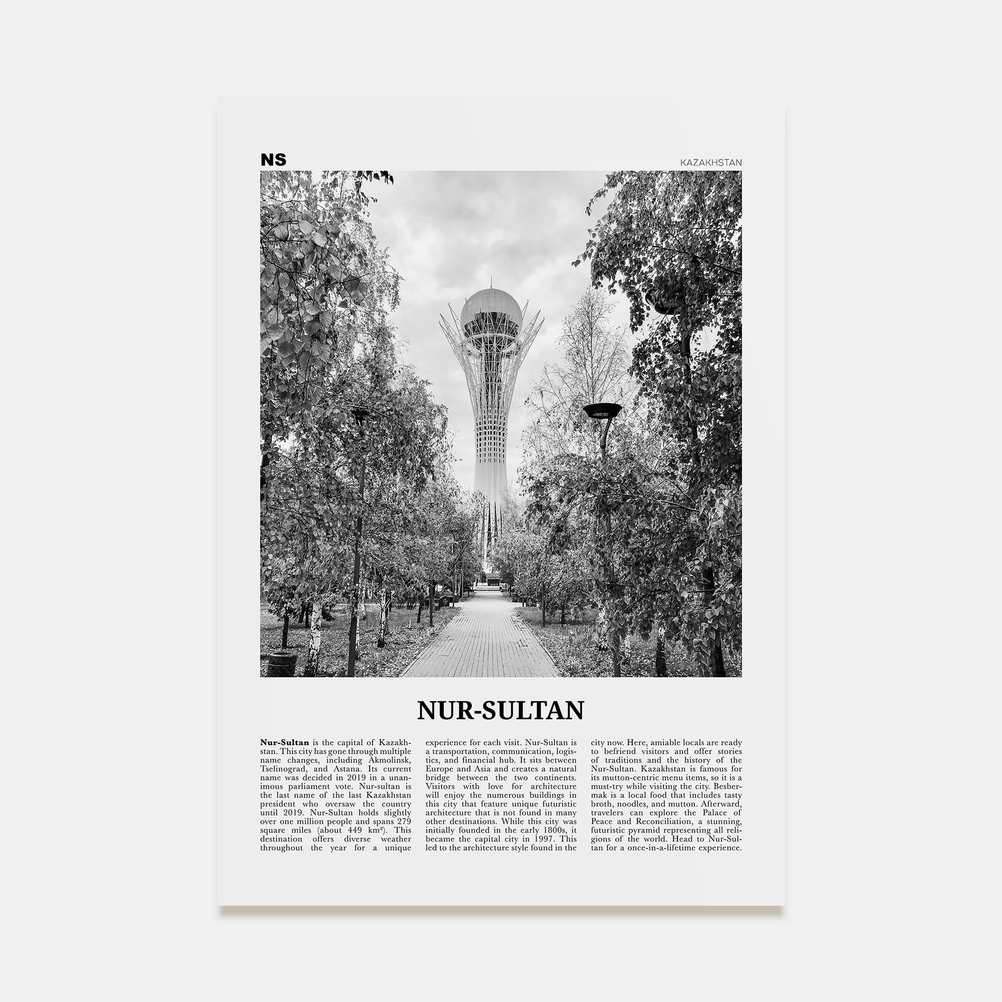 Nur-Sultan Travel B&W Poster