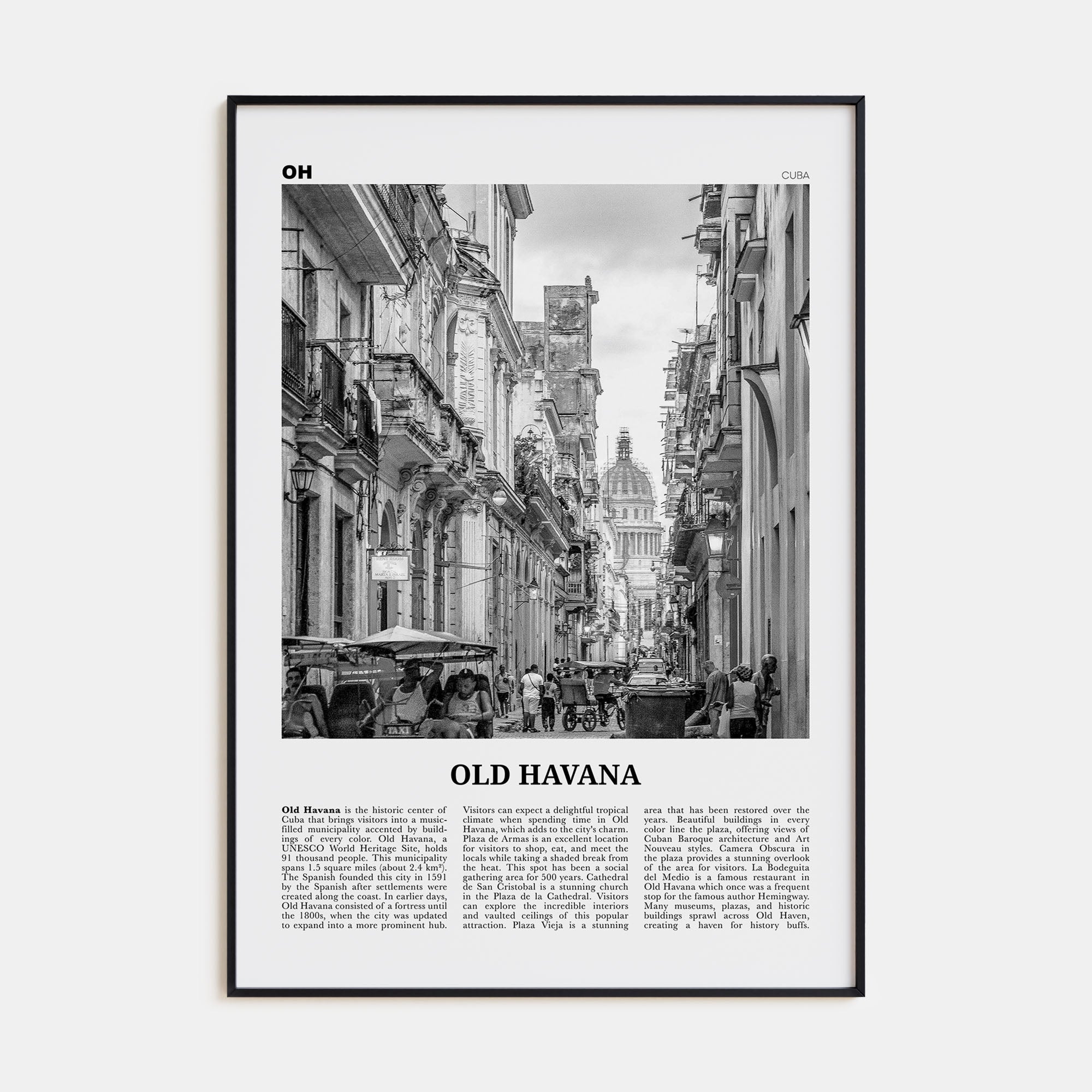 Old Havana Travel B&W Poster