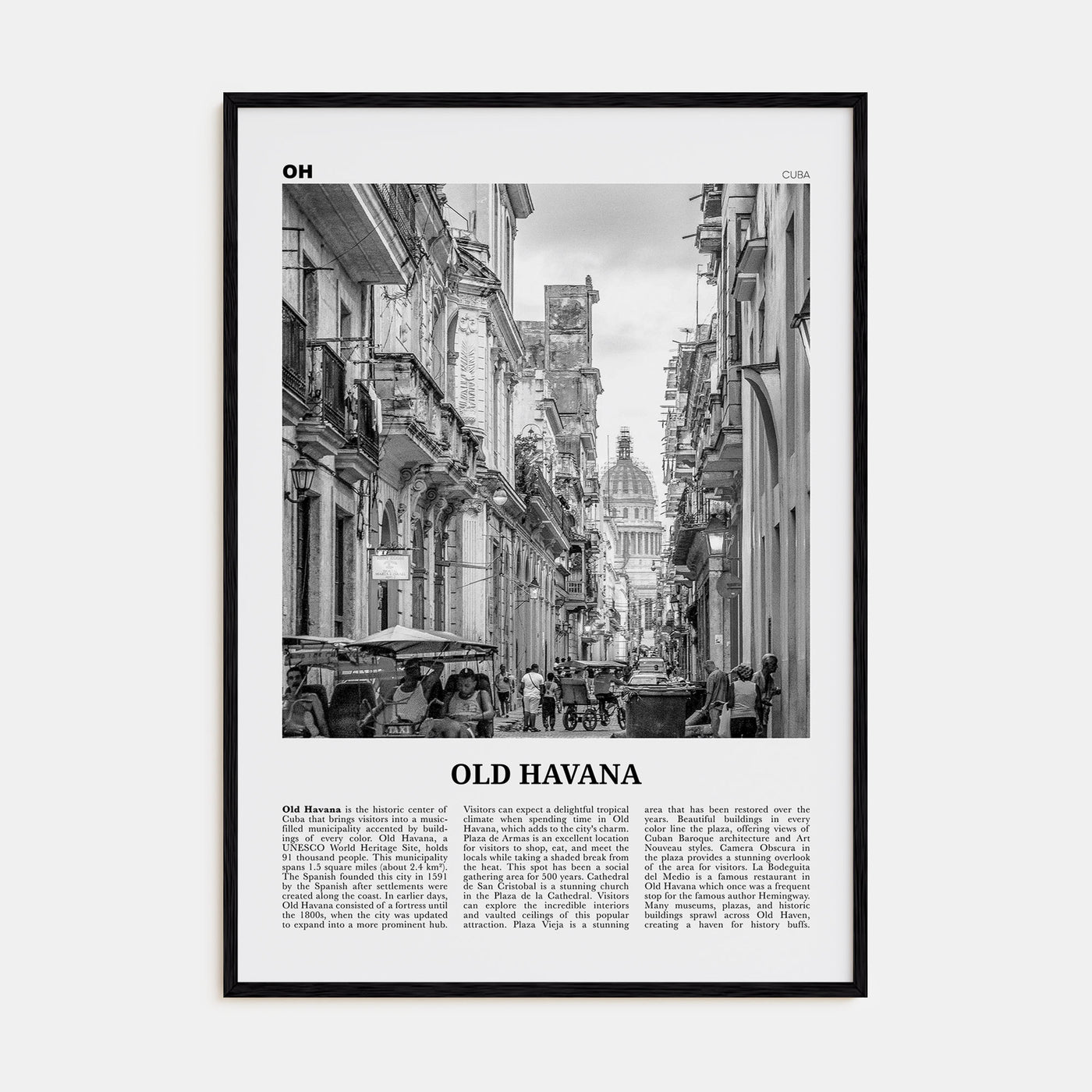 Old Havana Travel B&W Poster