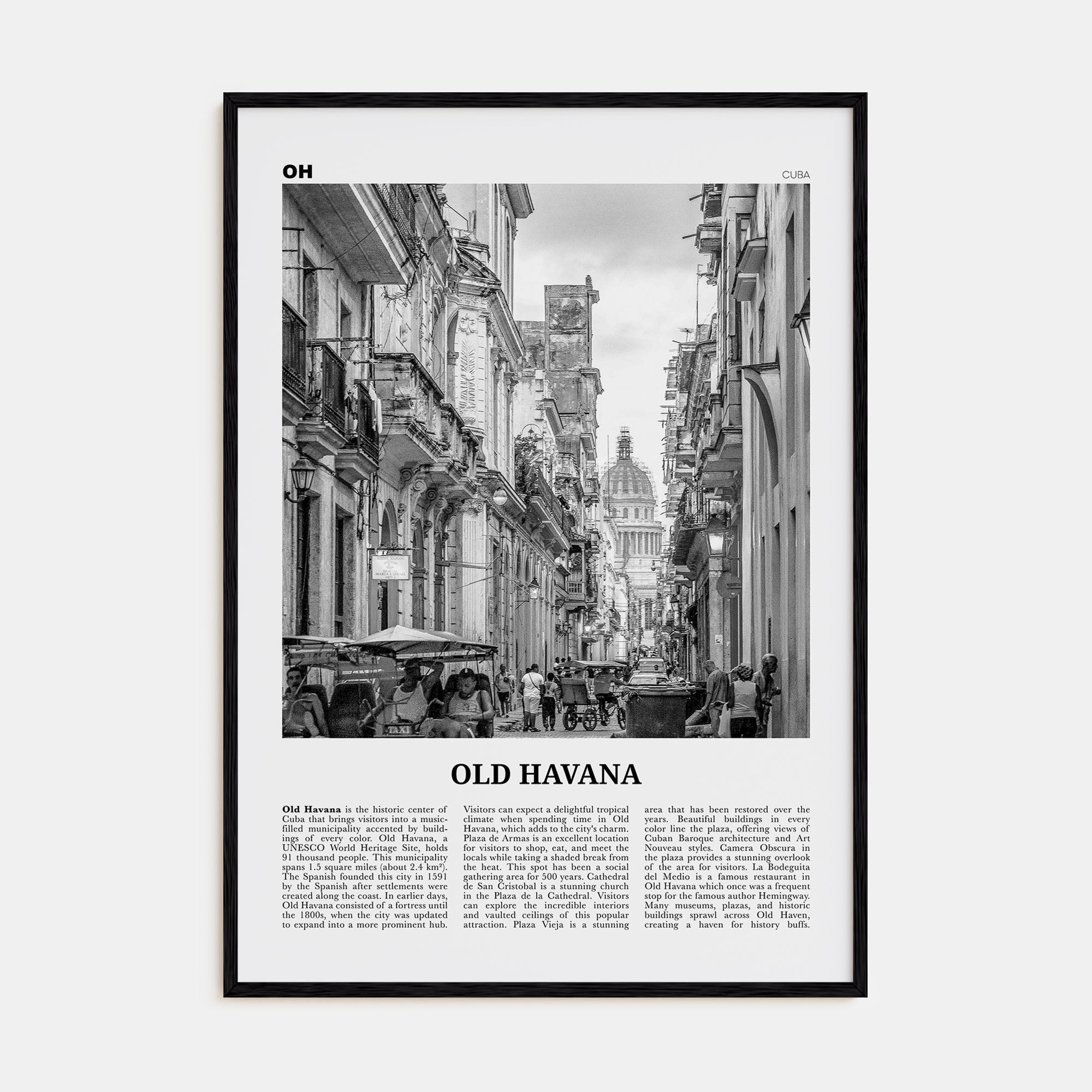 Old Havana Travel B&W Poster