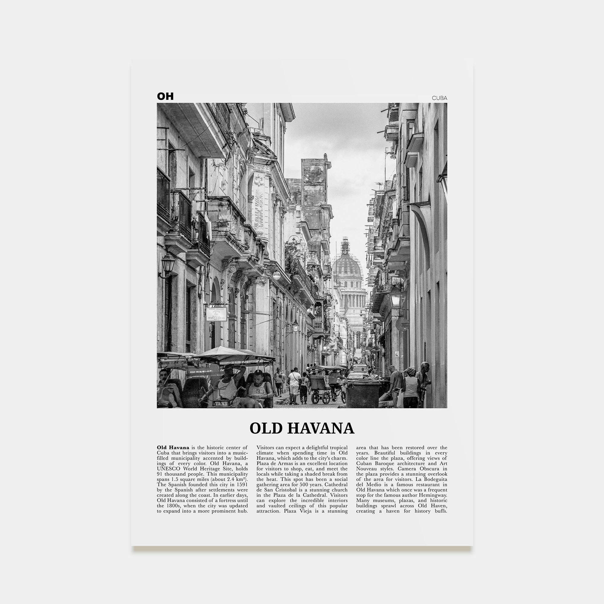 Old Havana Travel B&W Poster