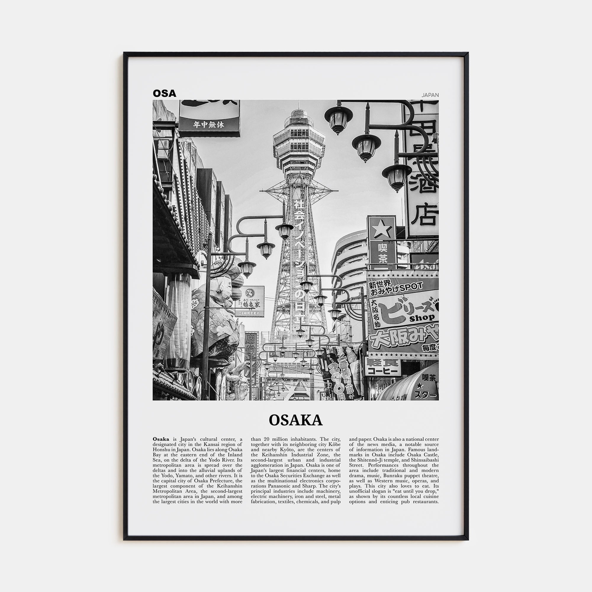 Osaka Travel B&W Poster