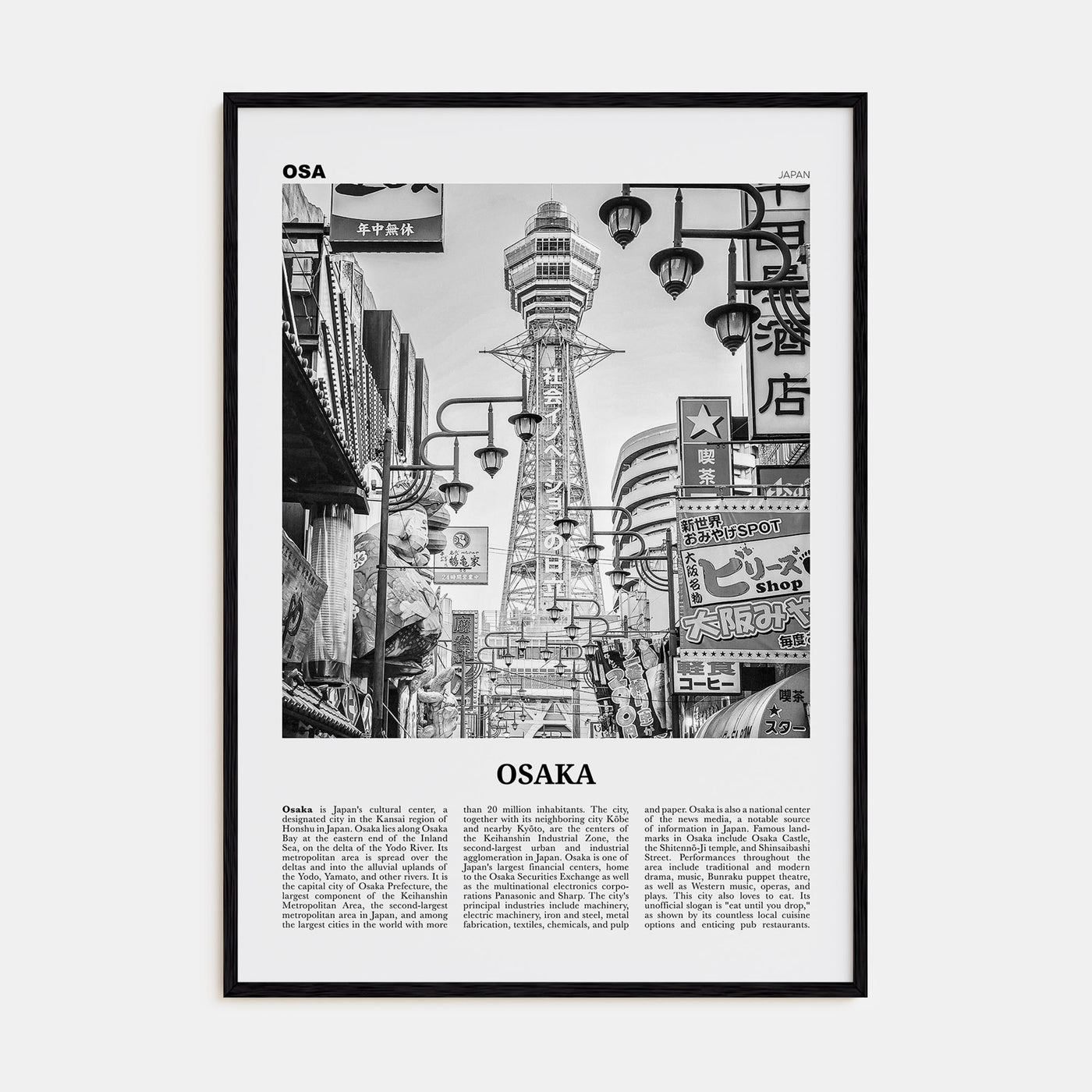 Osaka Travel B&W Poster
