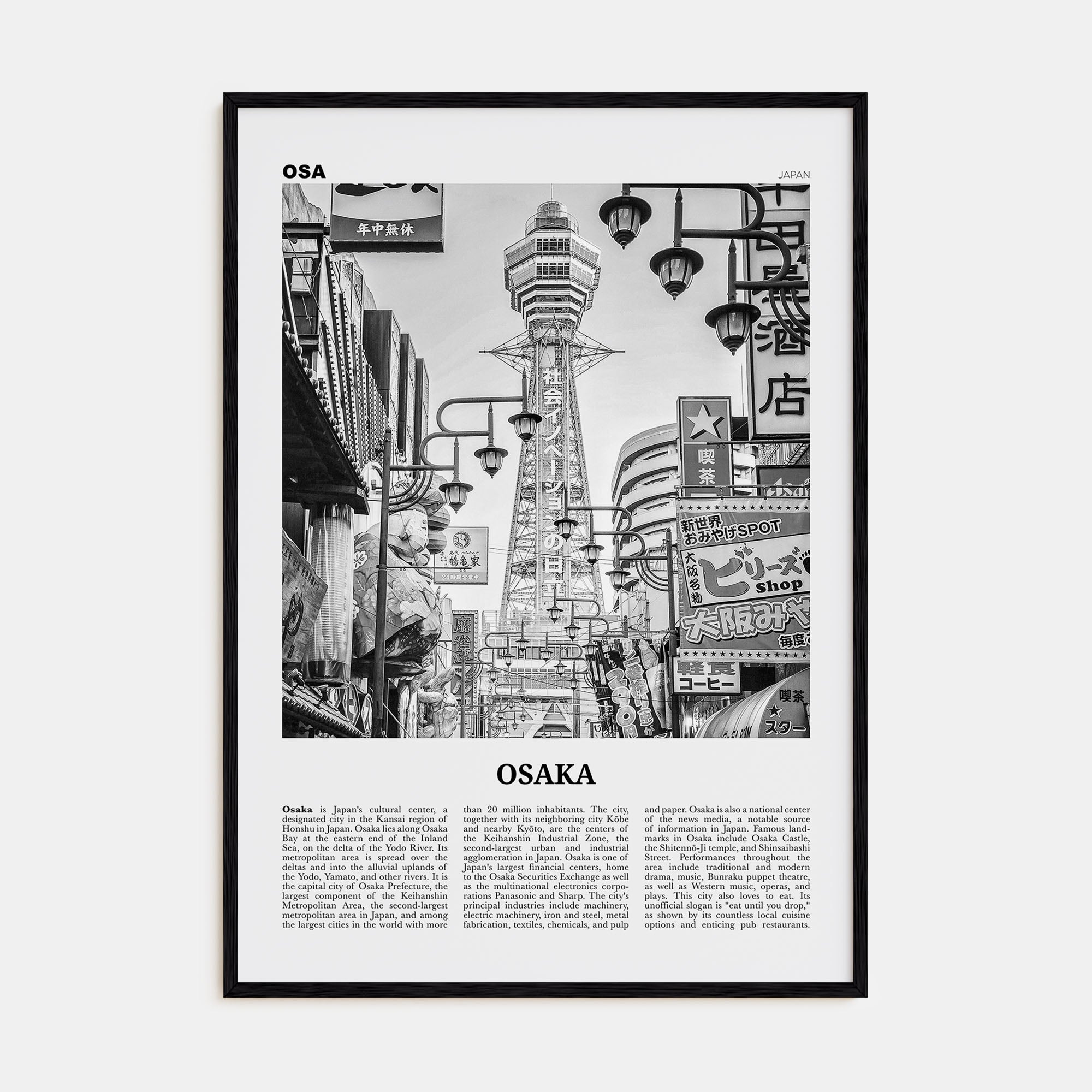 Osaka Travel B&W Poster