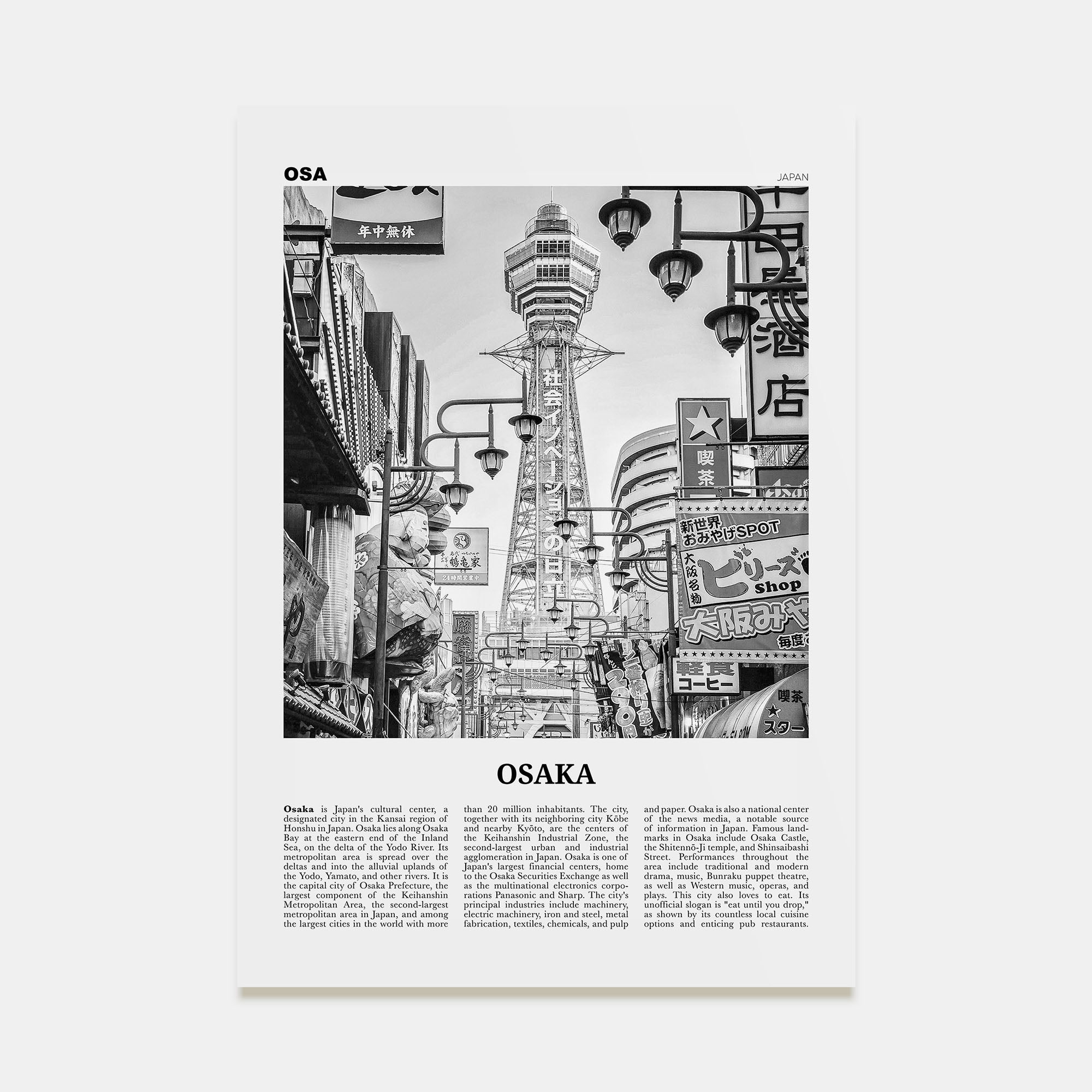 Osaka Travel B&W Poster