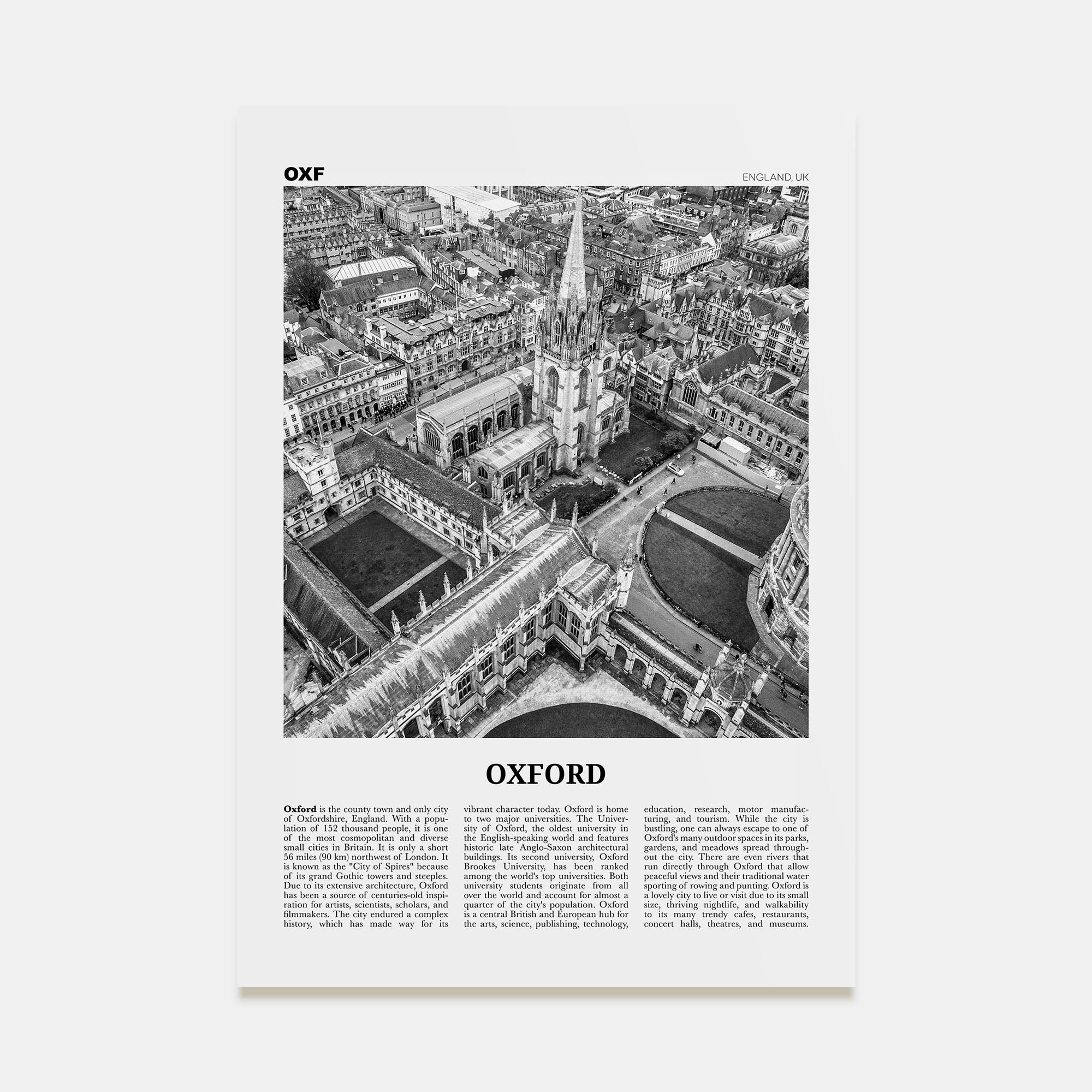 Oxford, England Travel B&W Poster