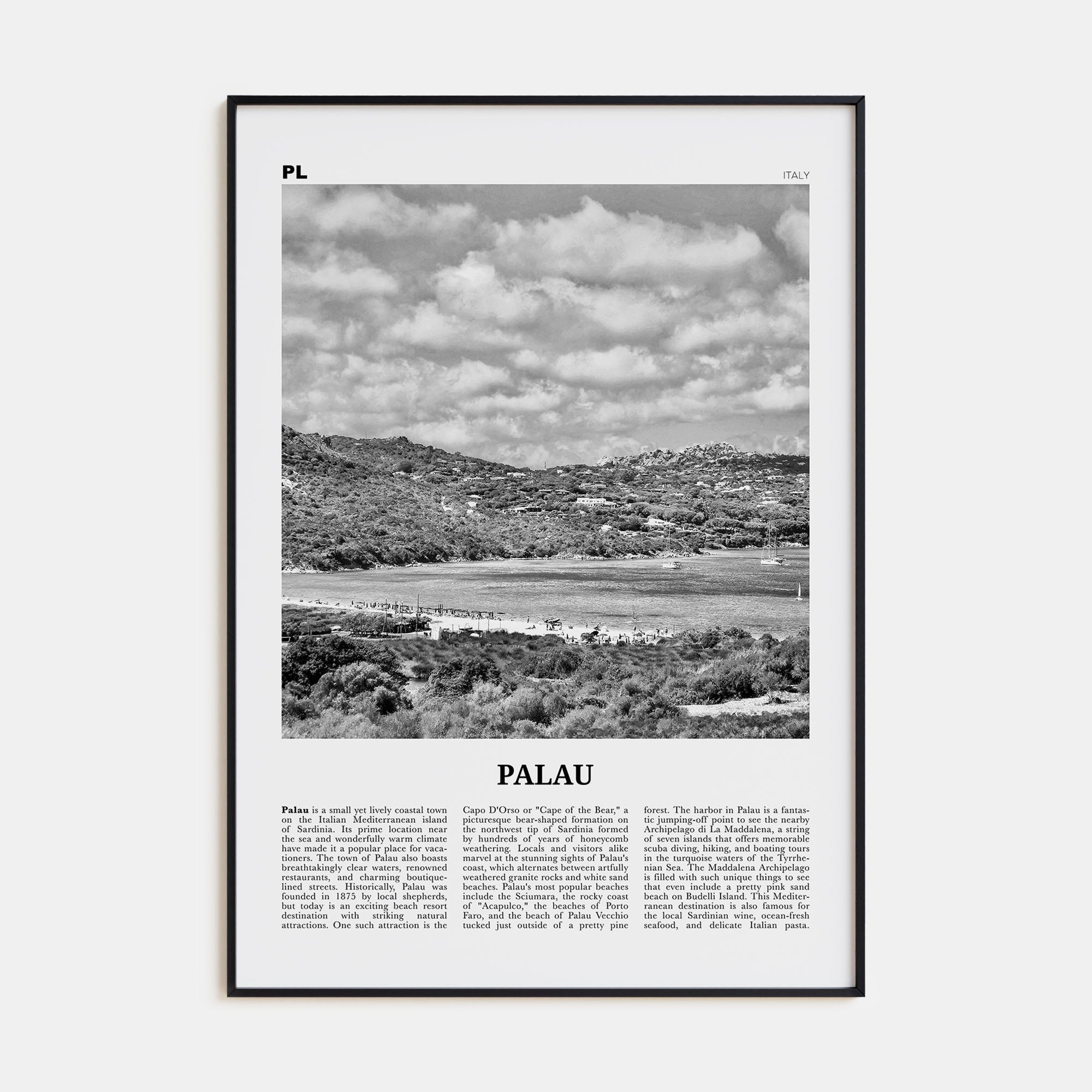 Palau, Italy Travel B&W Poster