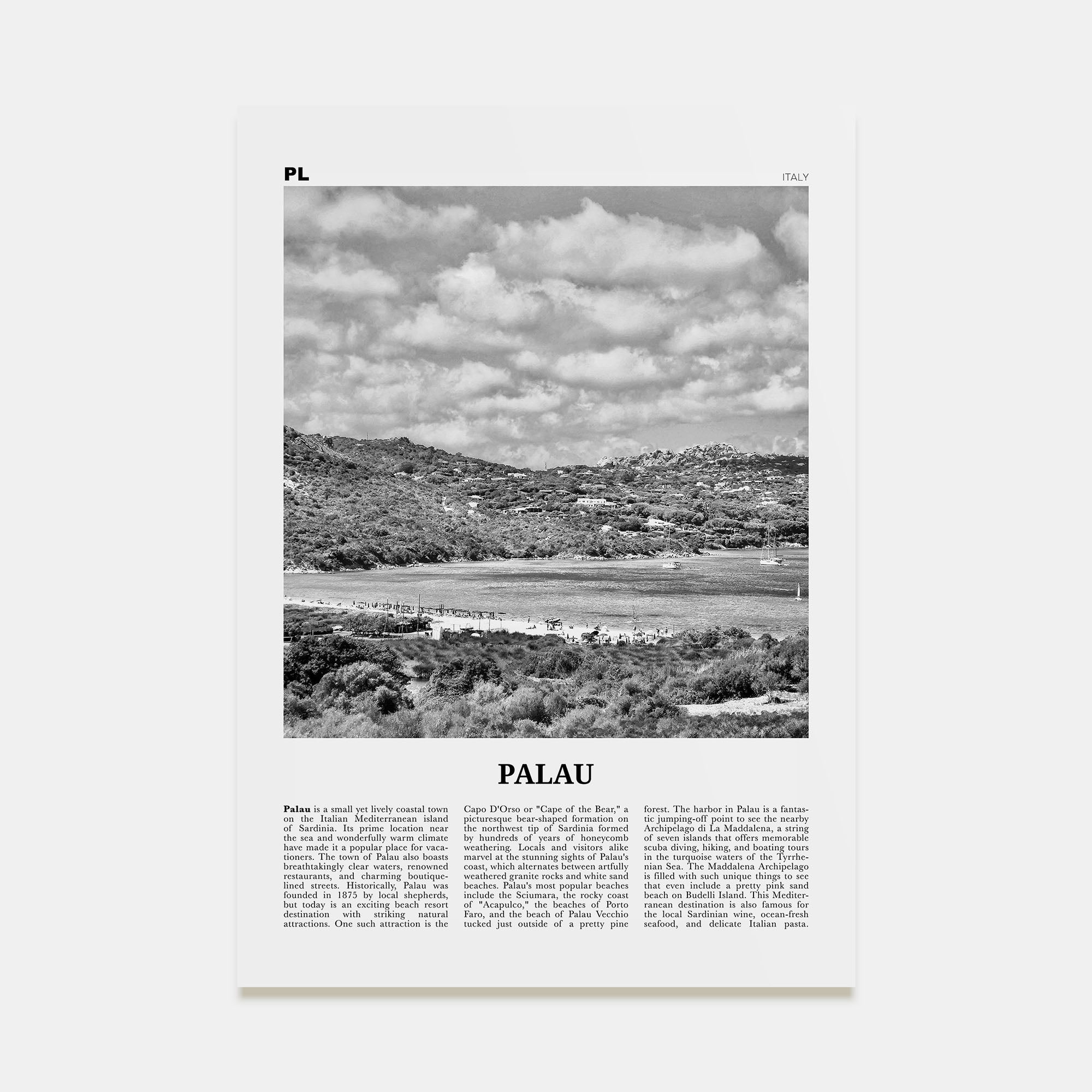 Palau, Italy Travel B&W Poster