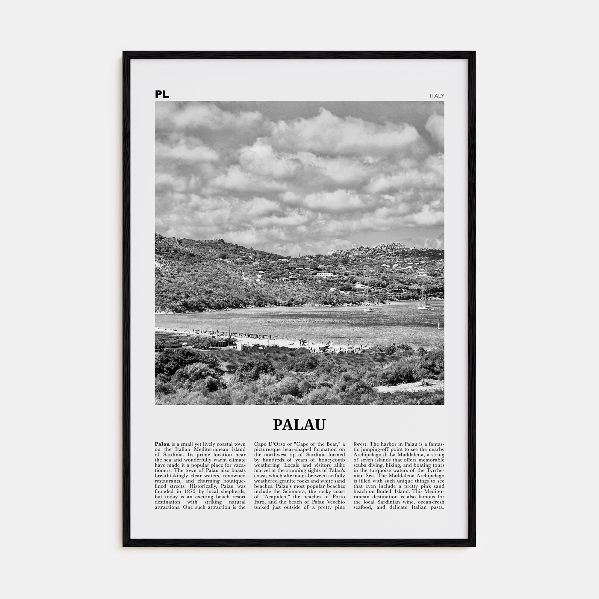 Palau, Italy Travel B&W Poster
