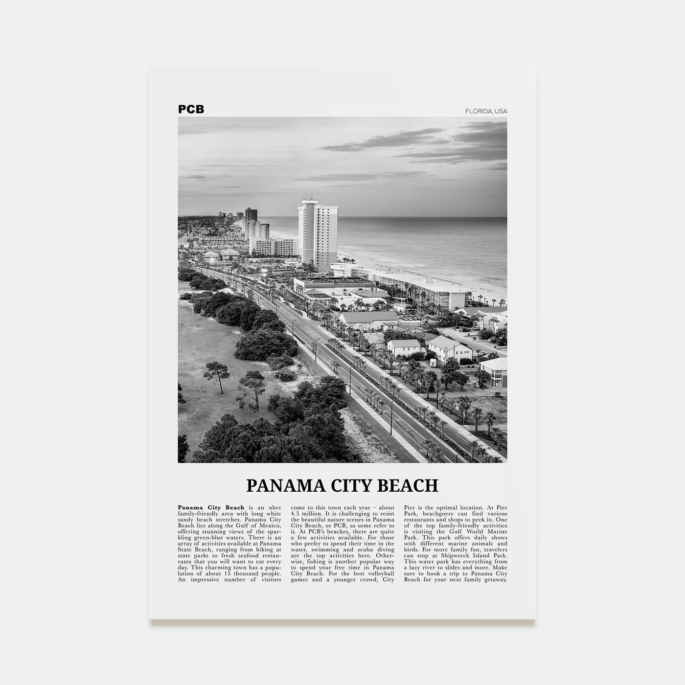 Panama City Beach, Florida Travel B&W Poster