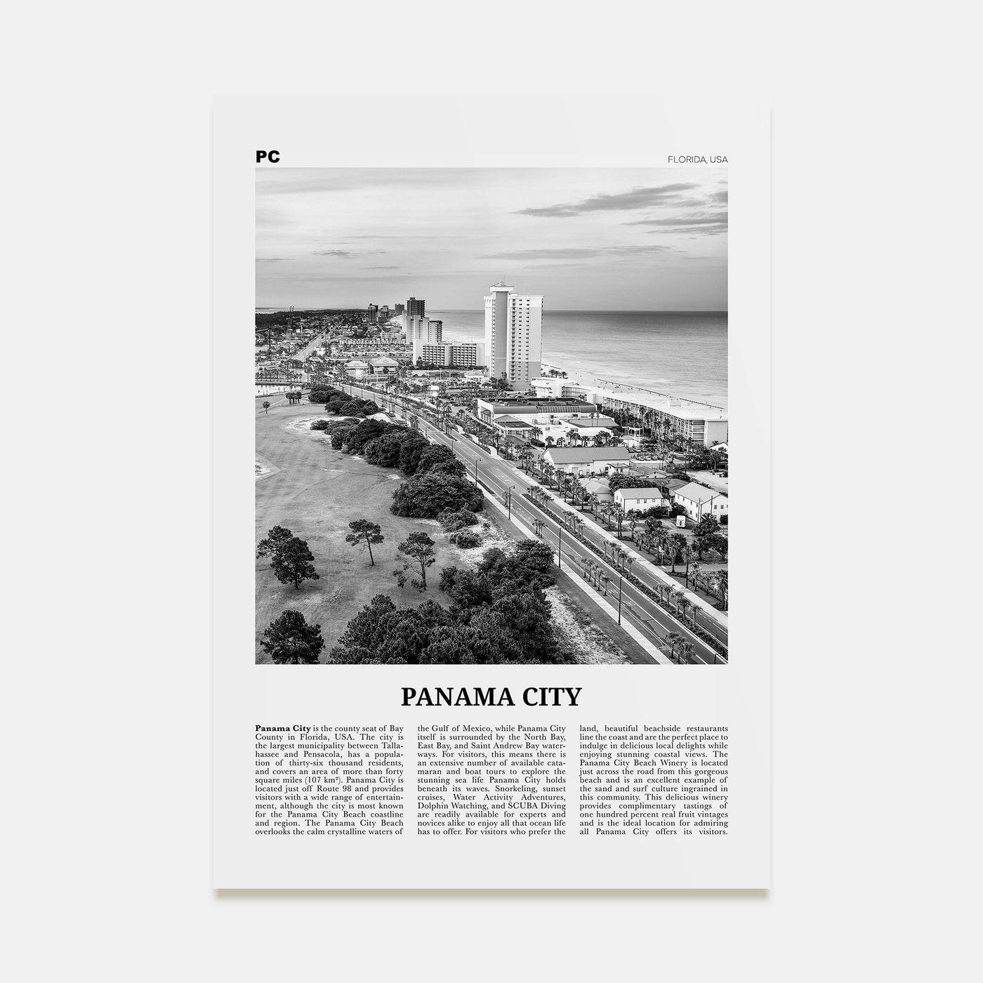 Panama City, Florida Travel B&W Poster