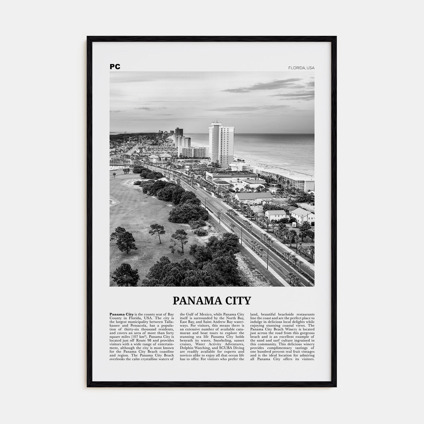 Panama City, Florida Travel B&W Poster