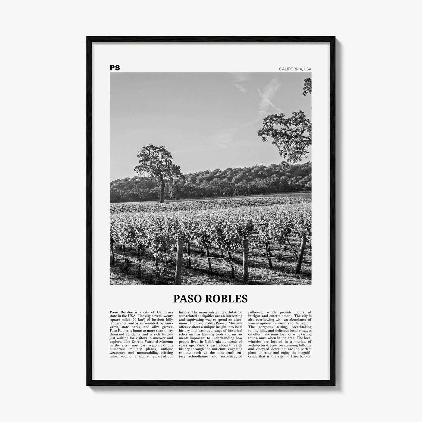 Paso Robles Print Black and White, Paso Robles Wall Art, Paso Robles Poster, Paso Robles Photo, Paso Robles Map, California, USA