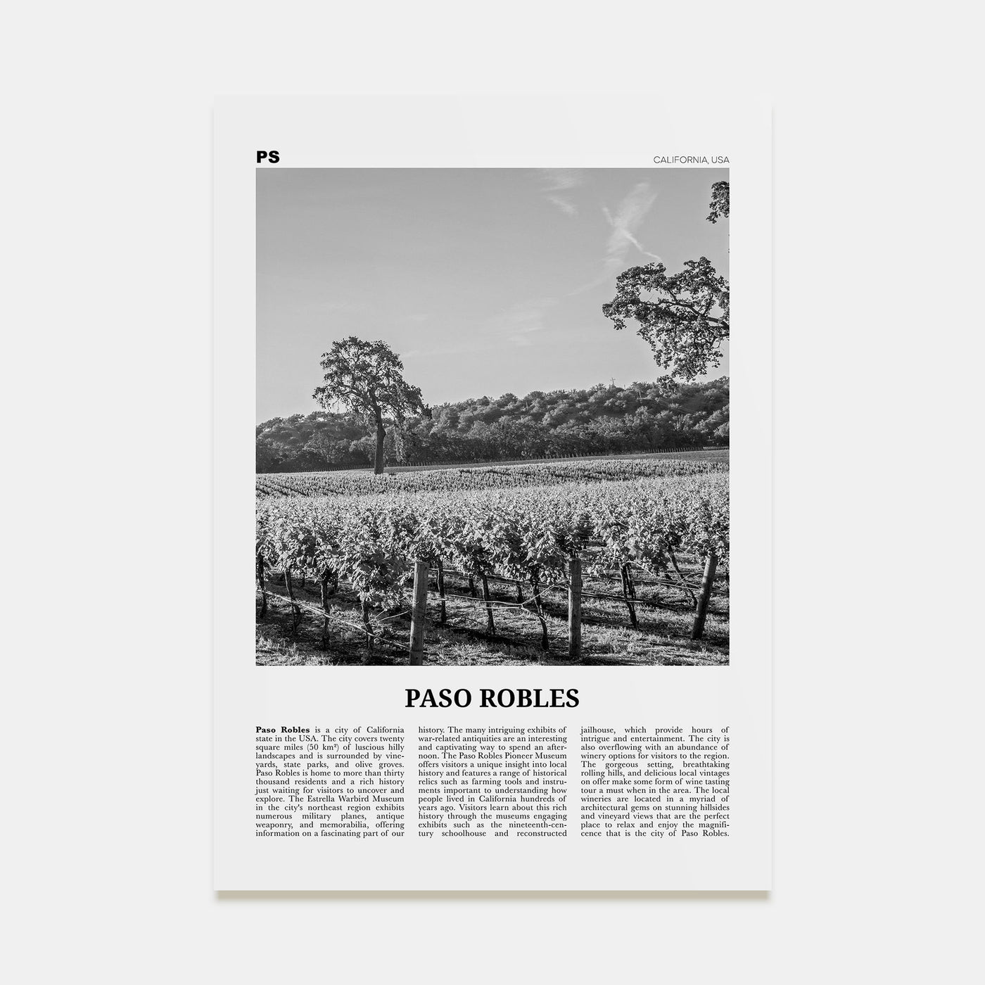 Paso Robles Travel B&W Poster