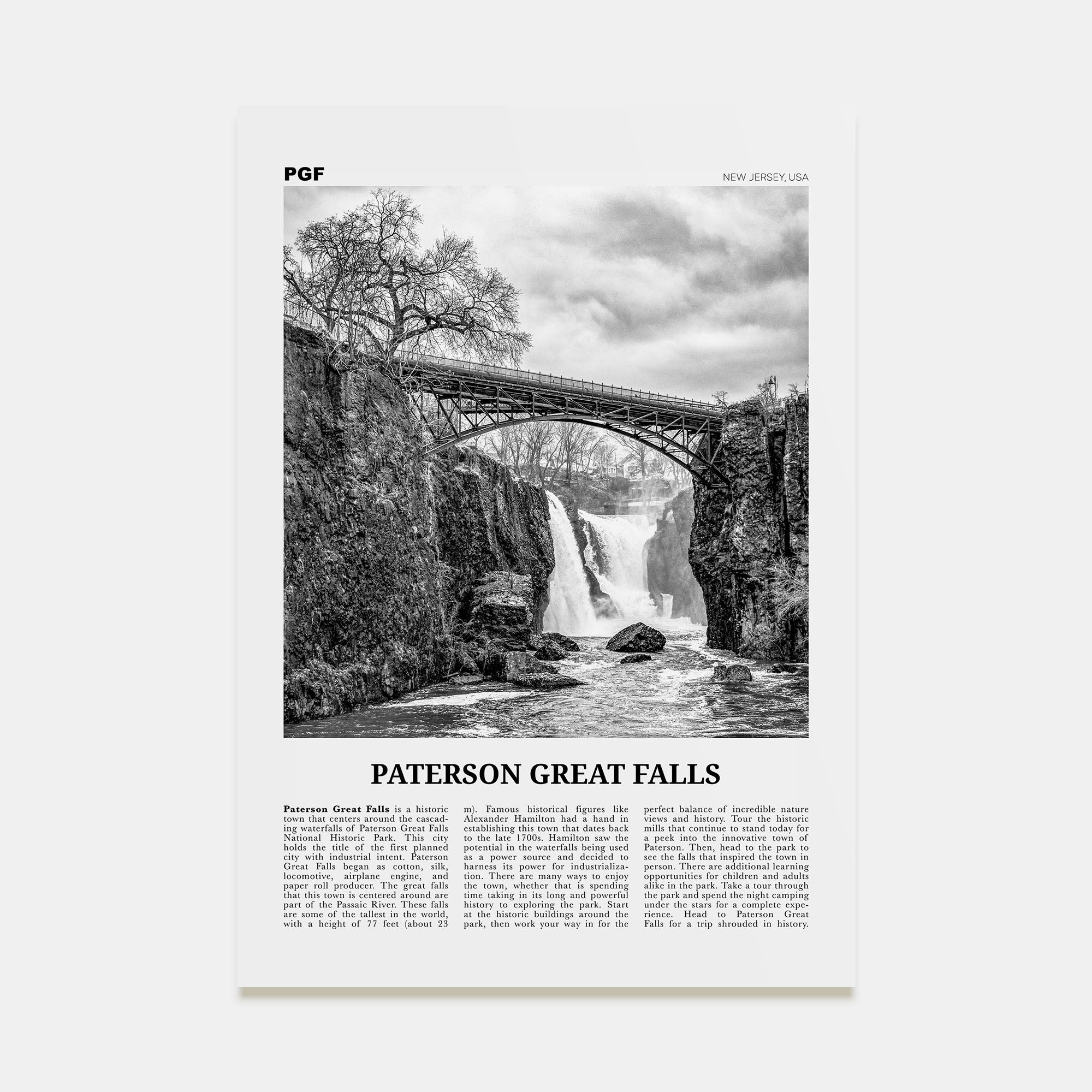 Paterson Great Falls Travel B&W Poster